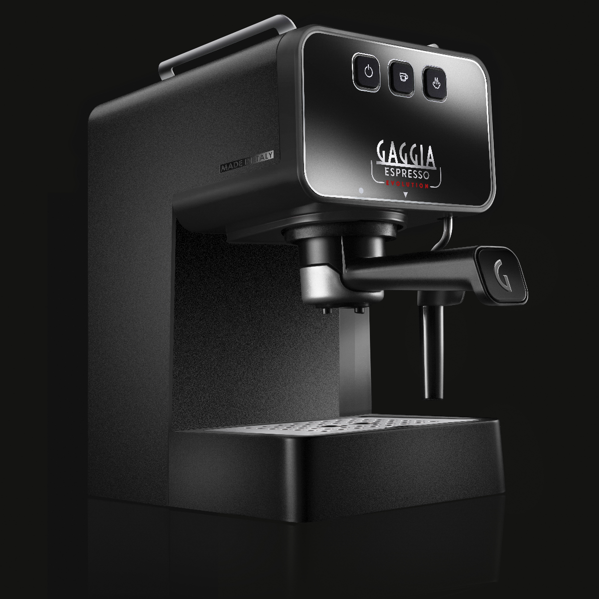 Máquina de espresso Gaggia negra con botones plateados y etiqueta 'Hecho en Italia'.