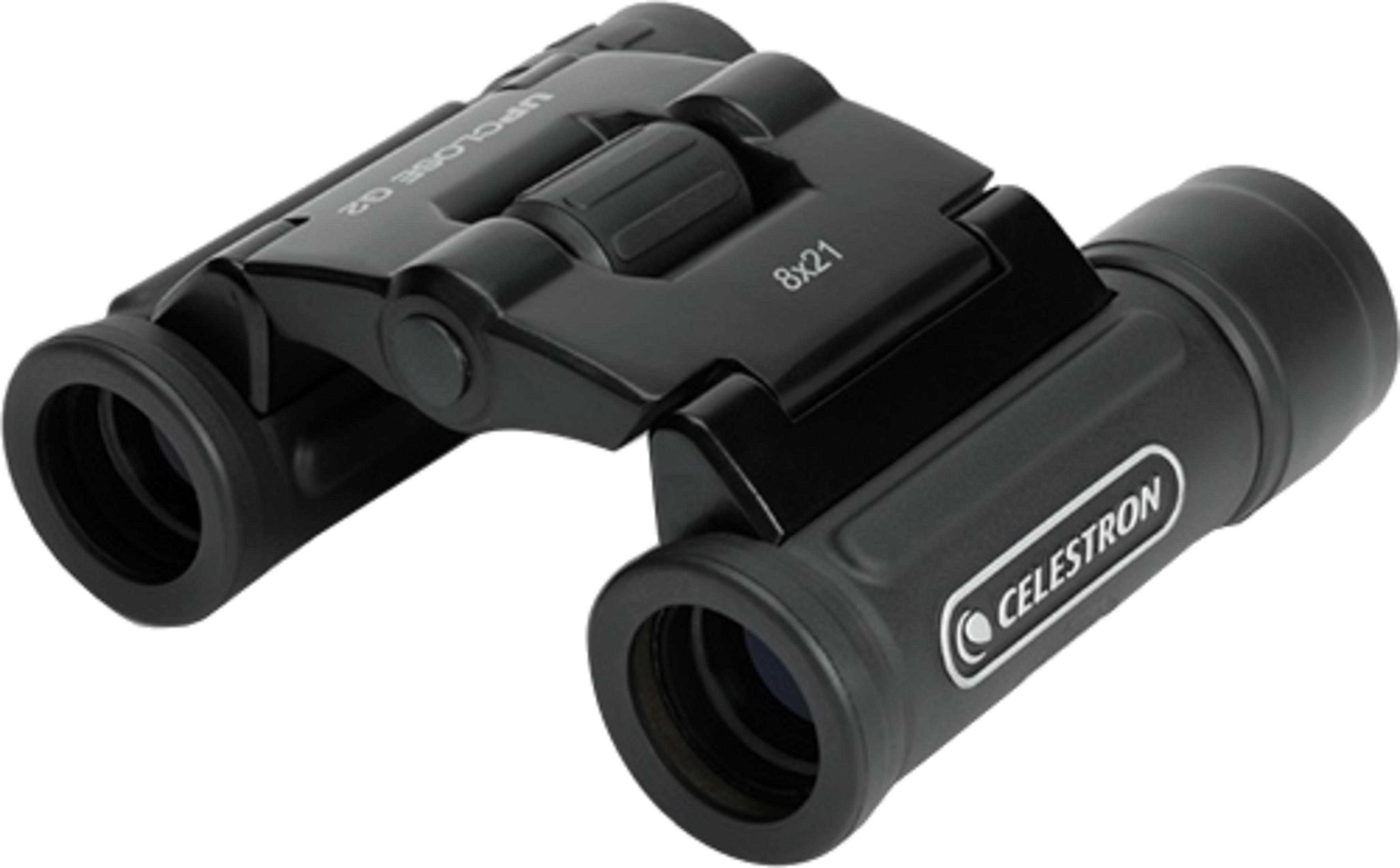 Schwarze Celestron 8x21 Fernglas mit Fokusrad und der Aufschrift 'UPCLOSE G2'.