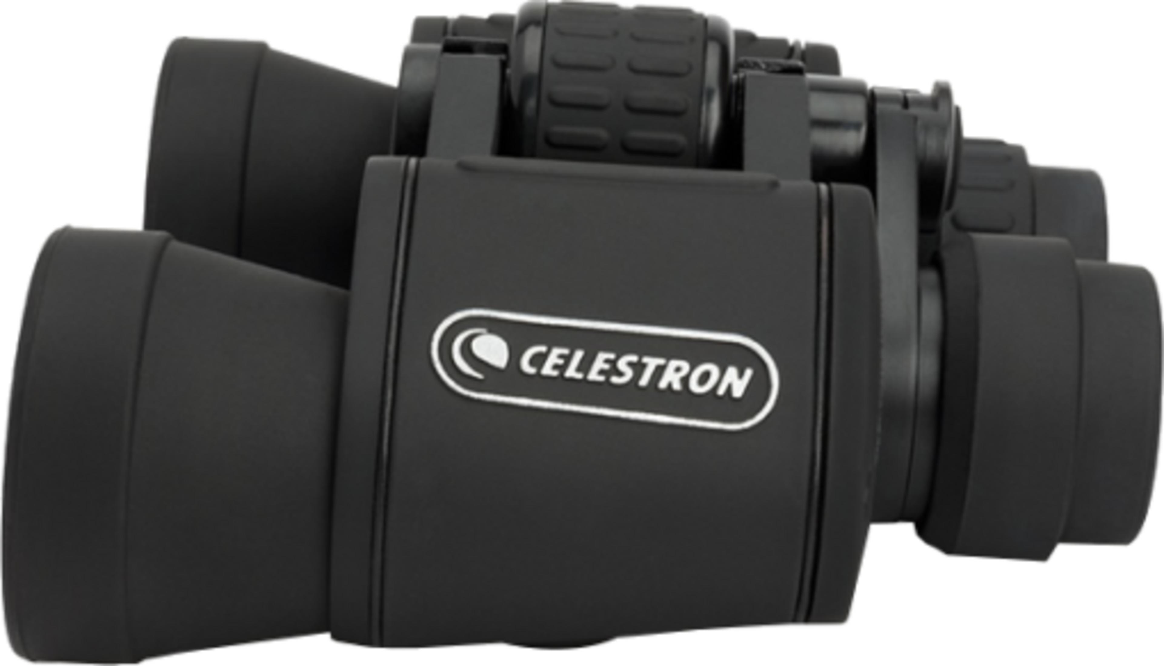 Binocolo nero Celestron con rotella di messa a fuoco centrale e impugnatura in gomma.