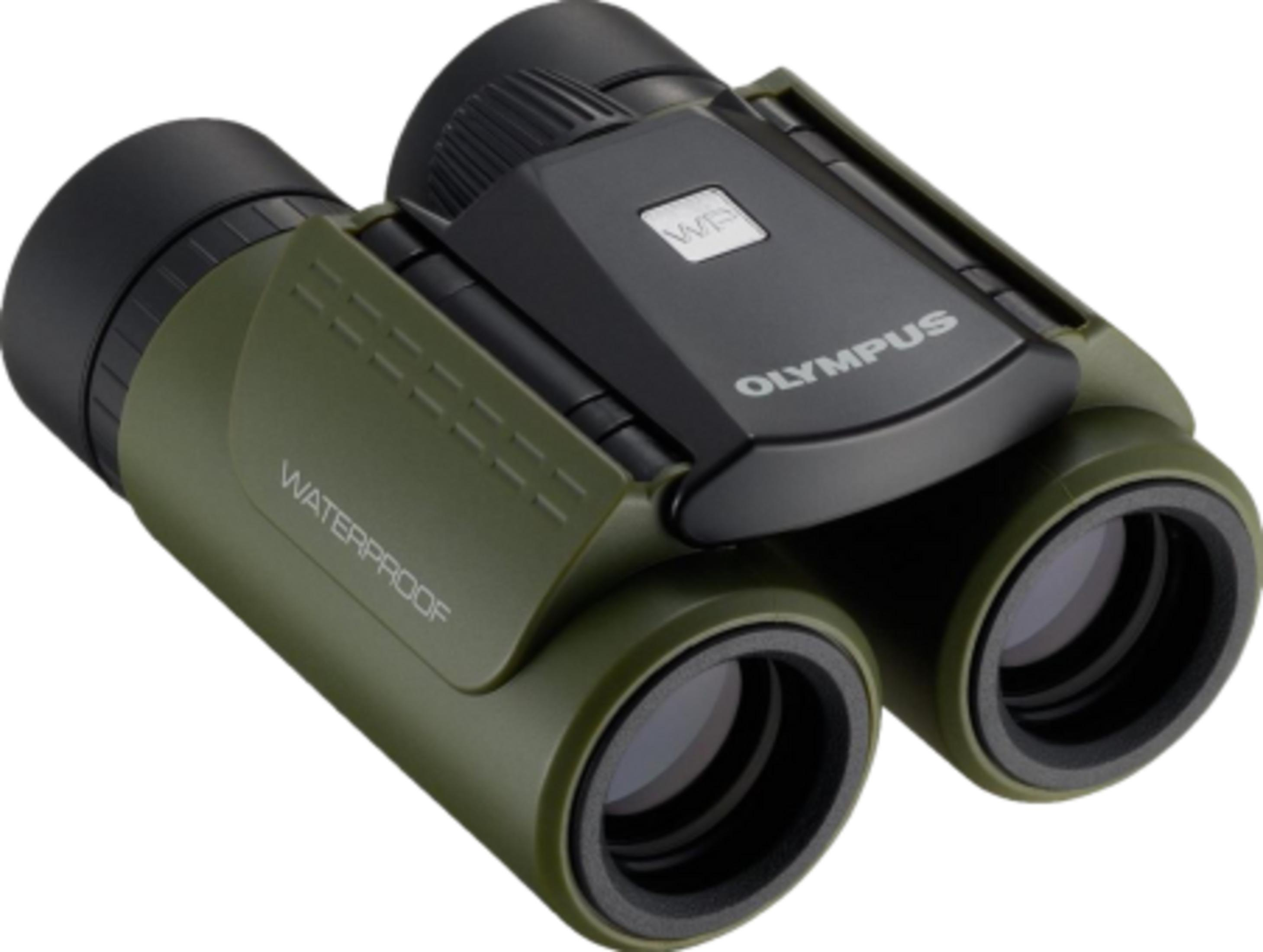 Binocolo Olympus impermeabile verde oliva con corpo centrale nero.