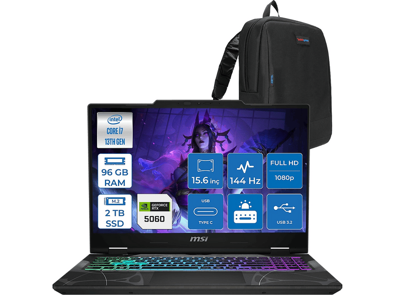 MSI Cyborg 15 DDR5 RTX5060 8 GB 144HZ IPS B13WFKG490XTRF39 Intel Core i7-13620H 96 GB RAM 2 TB SSD 15,6 inç FreeDOS Laptop+Çanta Siyah