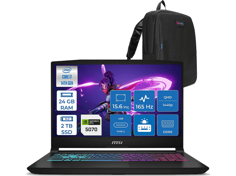 MSI Katna 15 RTX5070 8 GB 2k QHD 165HZ B14WGK068XTRF09 Intel Core i7-14650HX 24 GB RAM 2 TB SSD 15,6 inç FreeDOS Laptop+Çanta Siyah