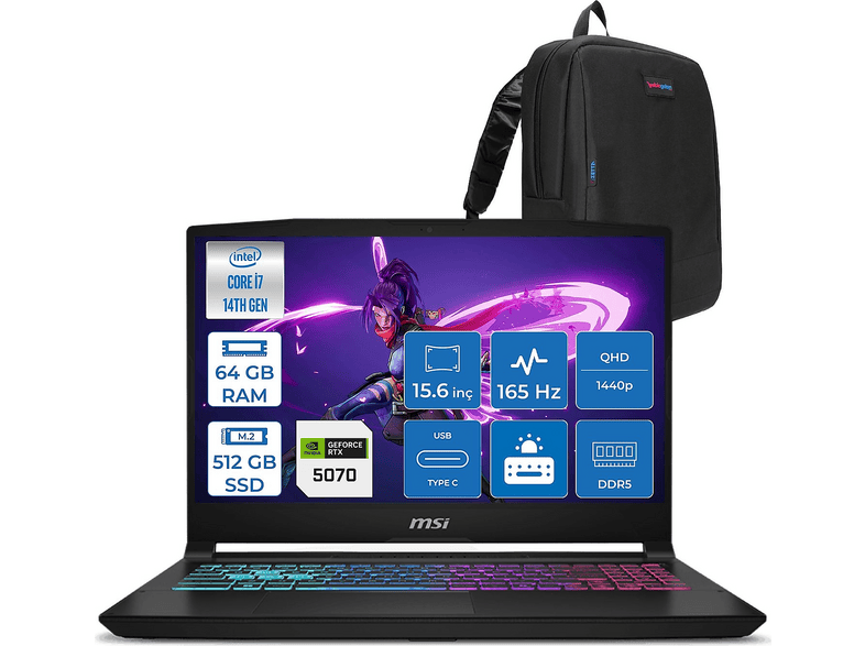 MSI Katna 15 RTX5070 8 GB 2k QHD 165HZ B14WGK068XTRF27 Intel Core i7-14650HX 64 GB RAM 512 GB SSD 15,6 inç FreeDOS Laptop+Çanta Siyah