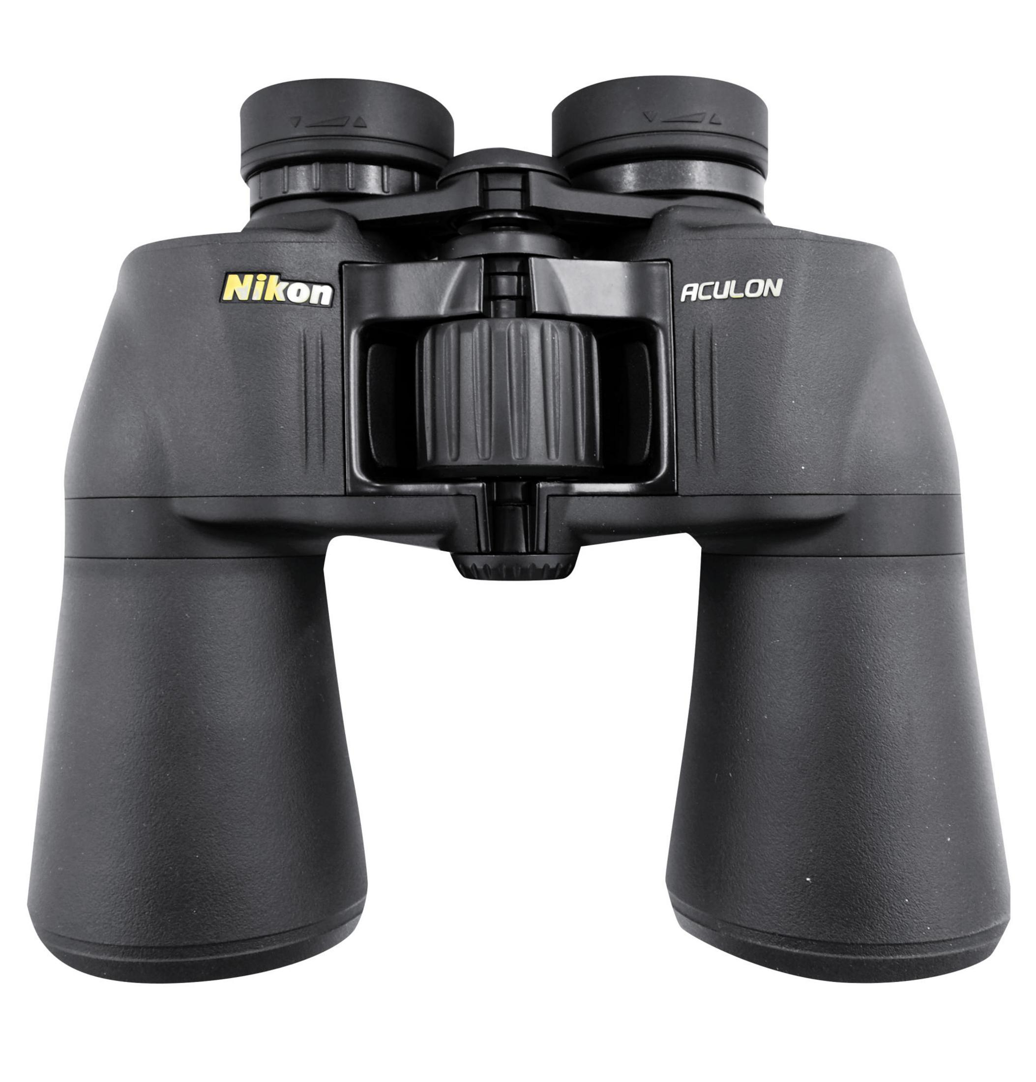 Binocolo Nikon Aculon nero con rotella di messa a fuoco al centro.