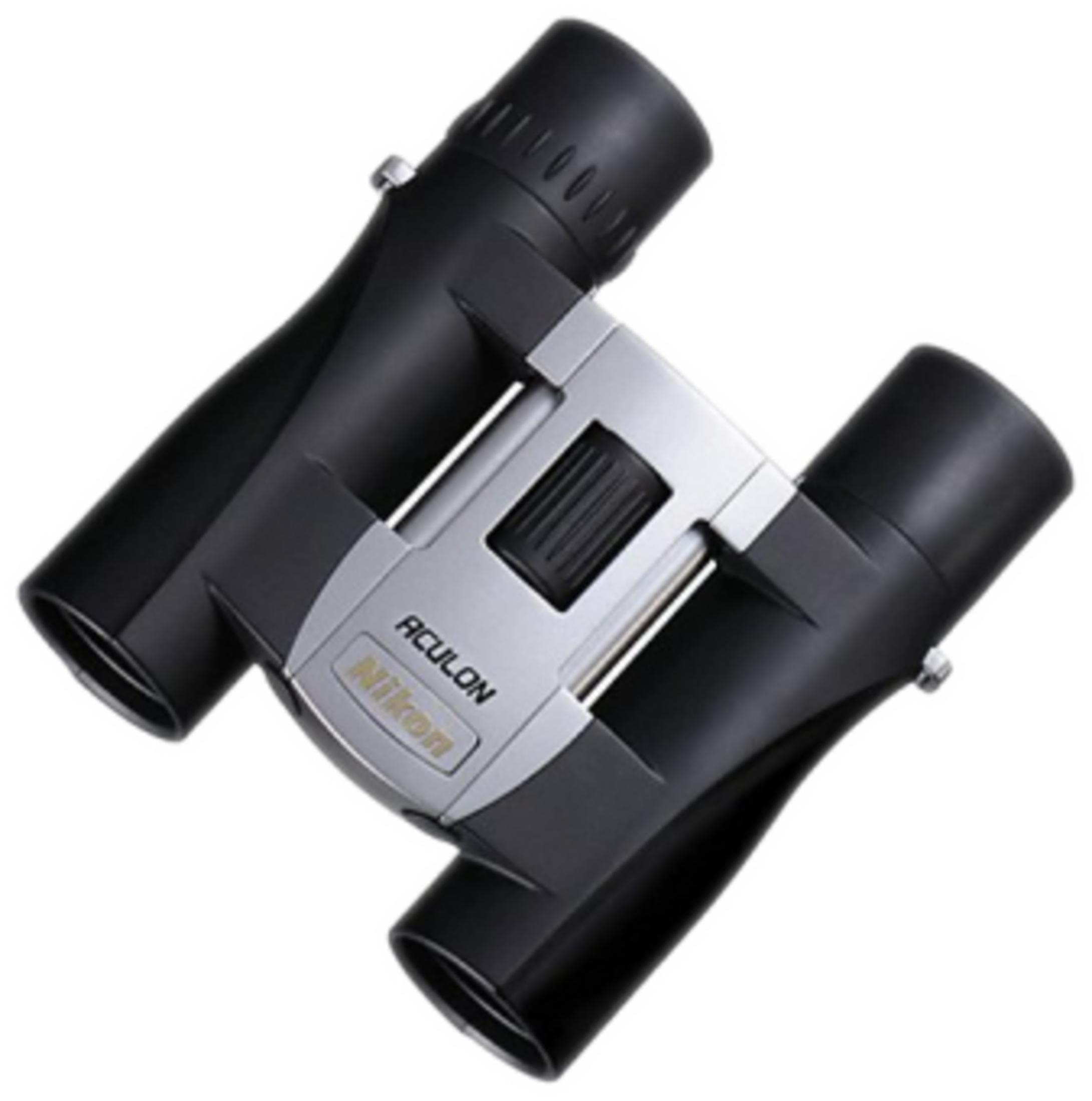 Binocolo Nikon nero e argento con rotella di messa a fuoco.
