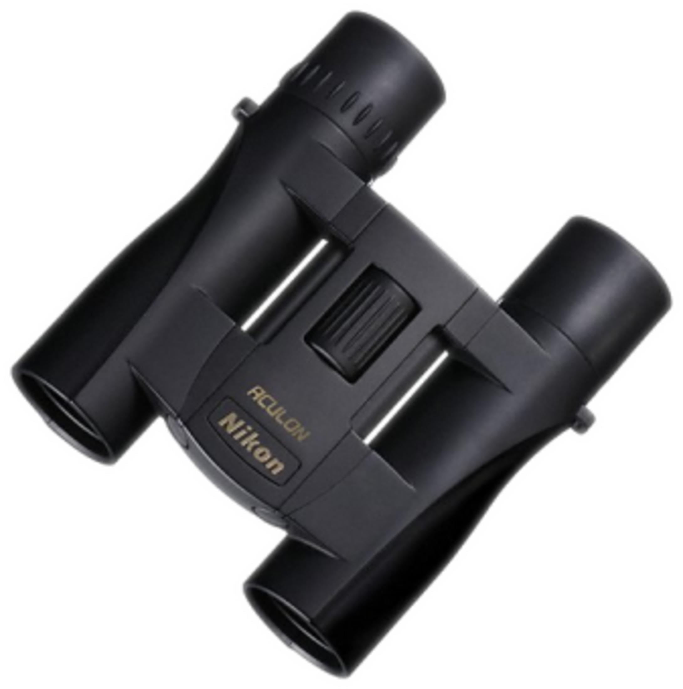 Schwarze Nikon Aculon Fernglas mit Fokusrad in der Mitte.