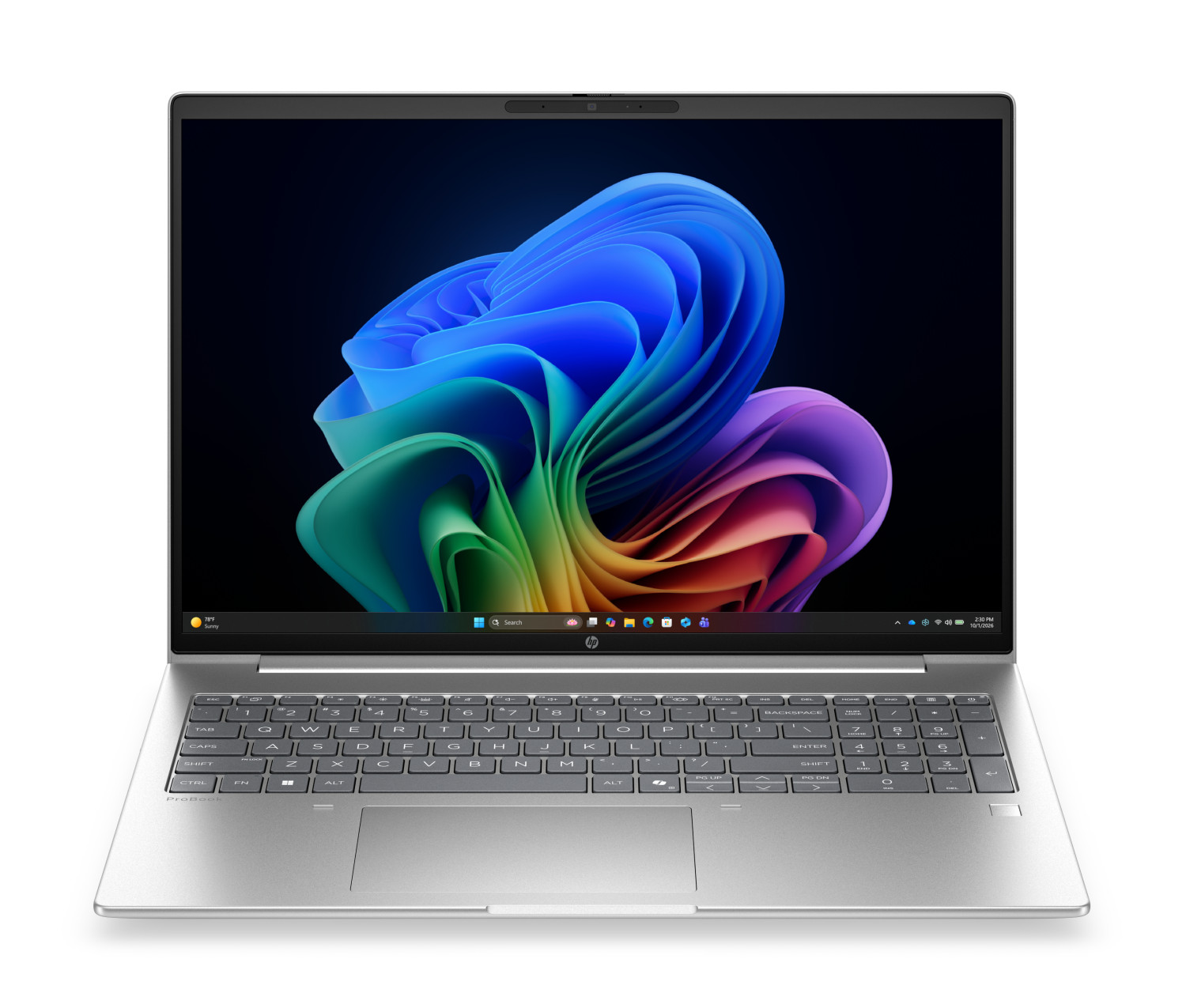 Un laptop argentato con uno sfondo colorato sullo schermo.