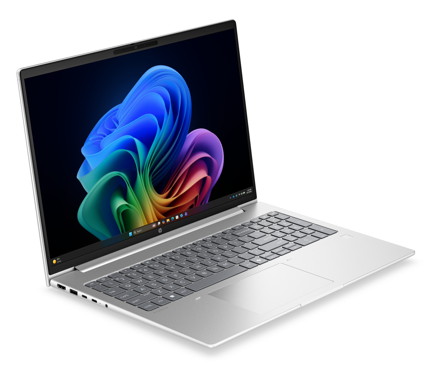 Un laptop HP ProBook argentato con uno sfondo astratto colorato sullo schermo.