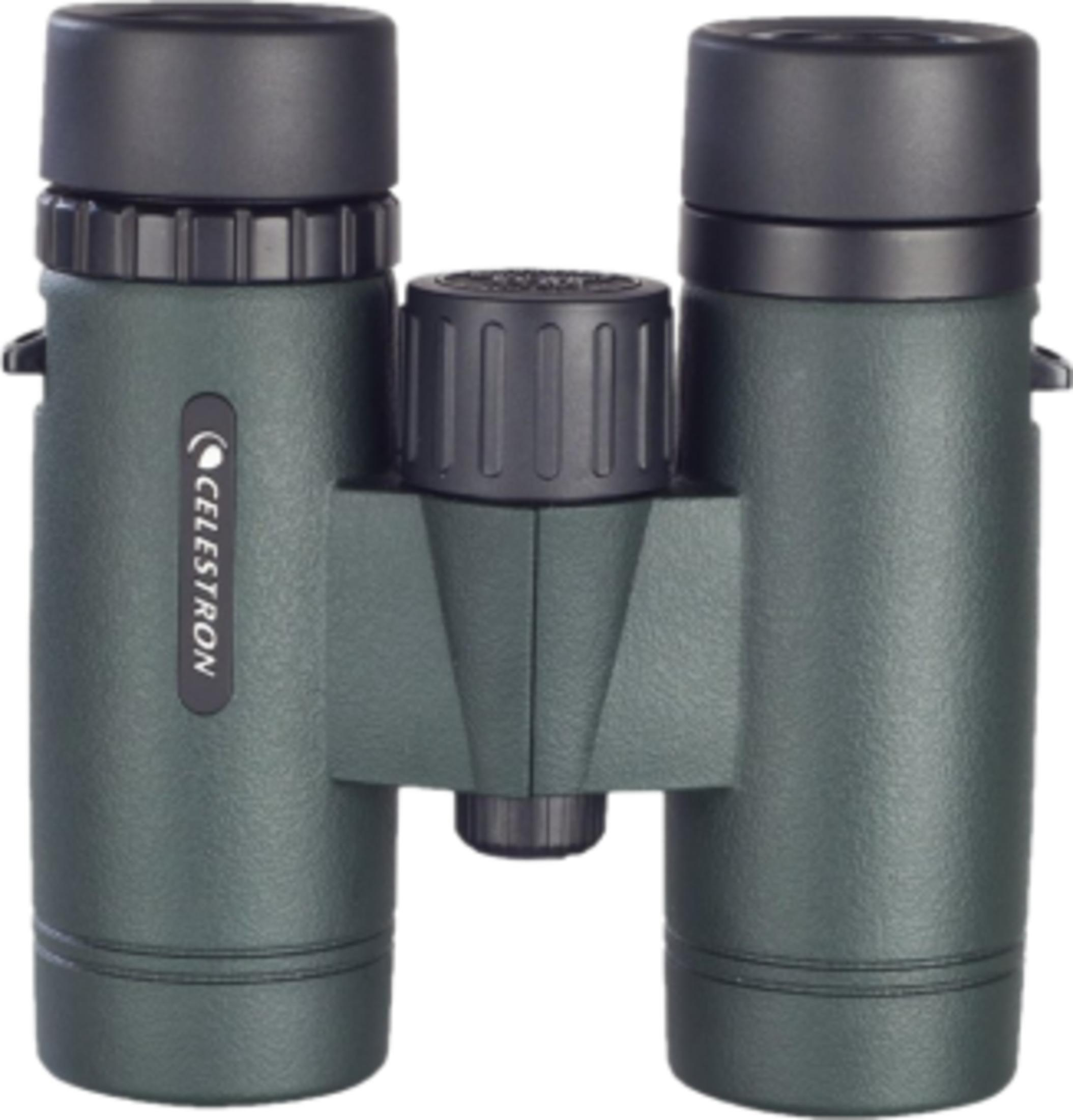 Grüne Celestron Fernglas mit schwarzen Kappen und Fokusrad.