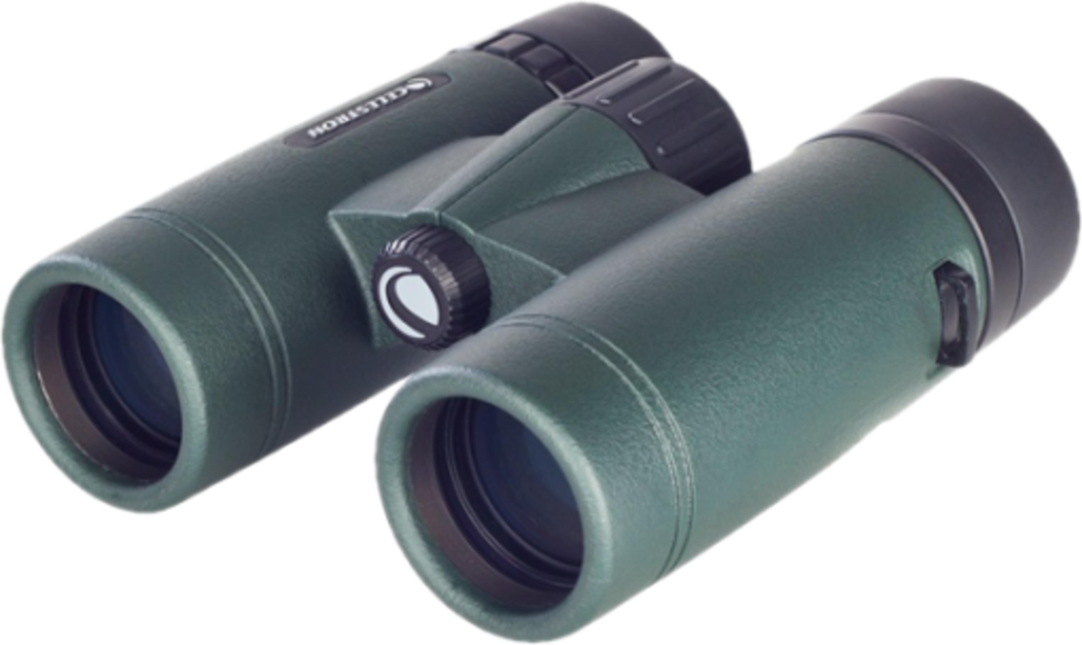 Grüne Celestron Ferngläser mit schwarzem Fokusrad und Objektivkappen.