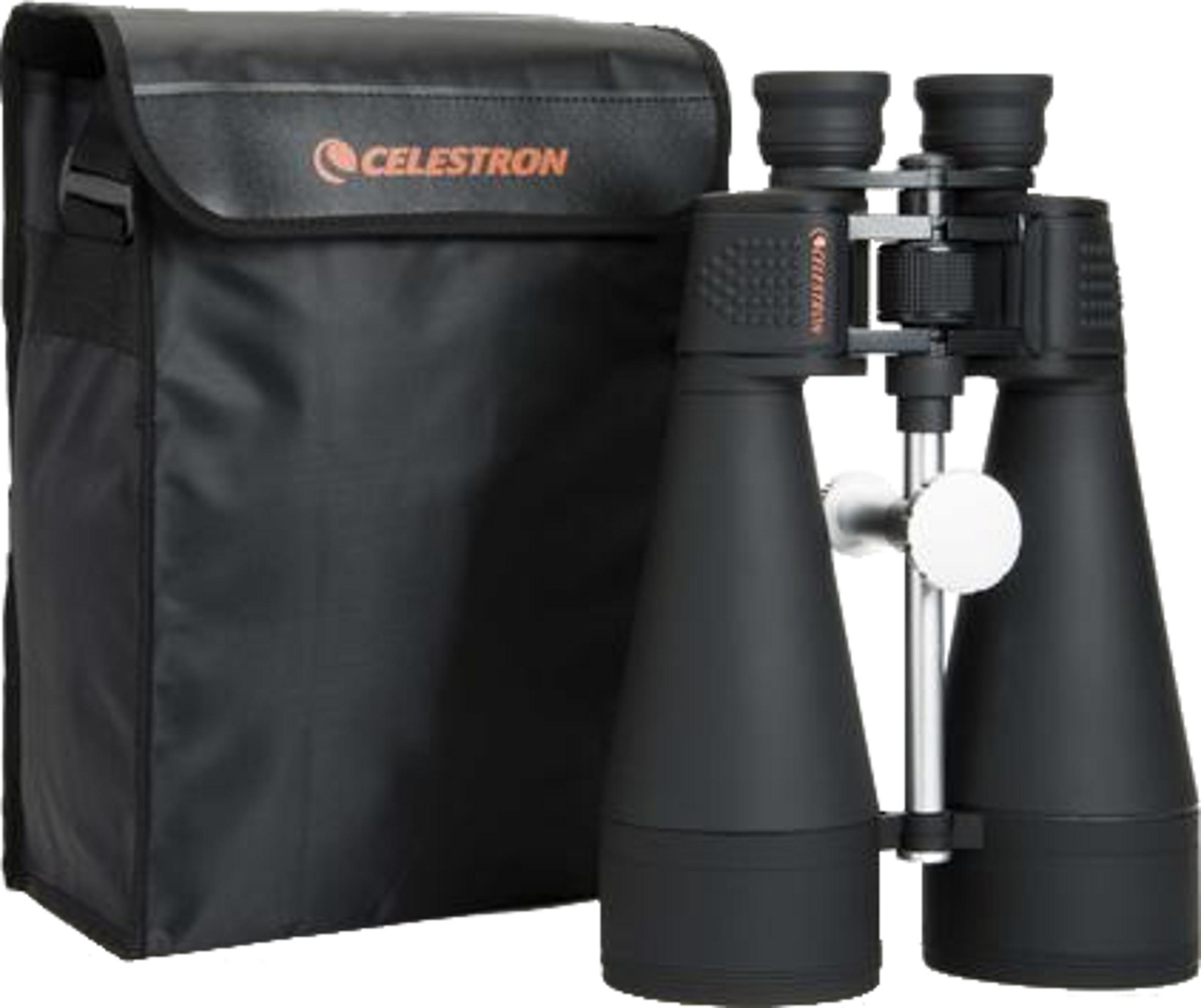 Schwarze Celestron-Ferngläser mit Tragetasche, weißer Fokusknopf, silberner Mittelachse.