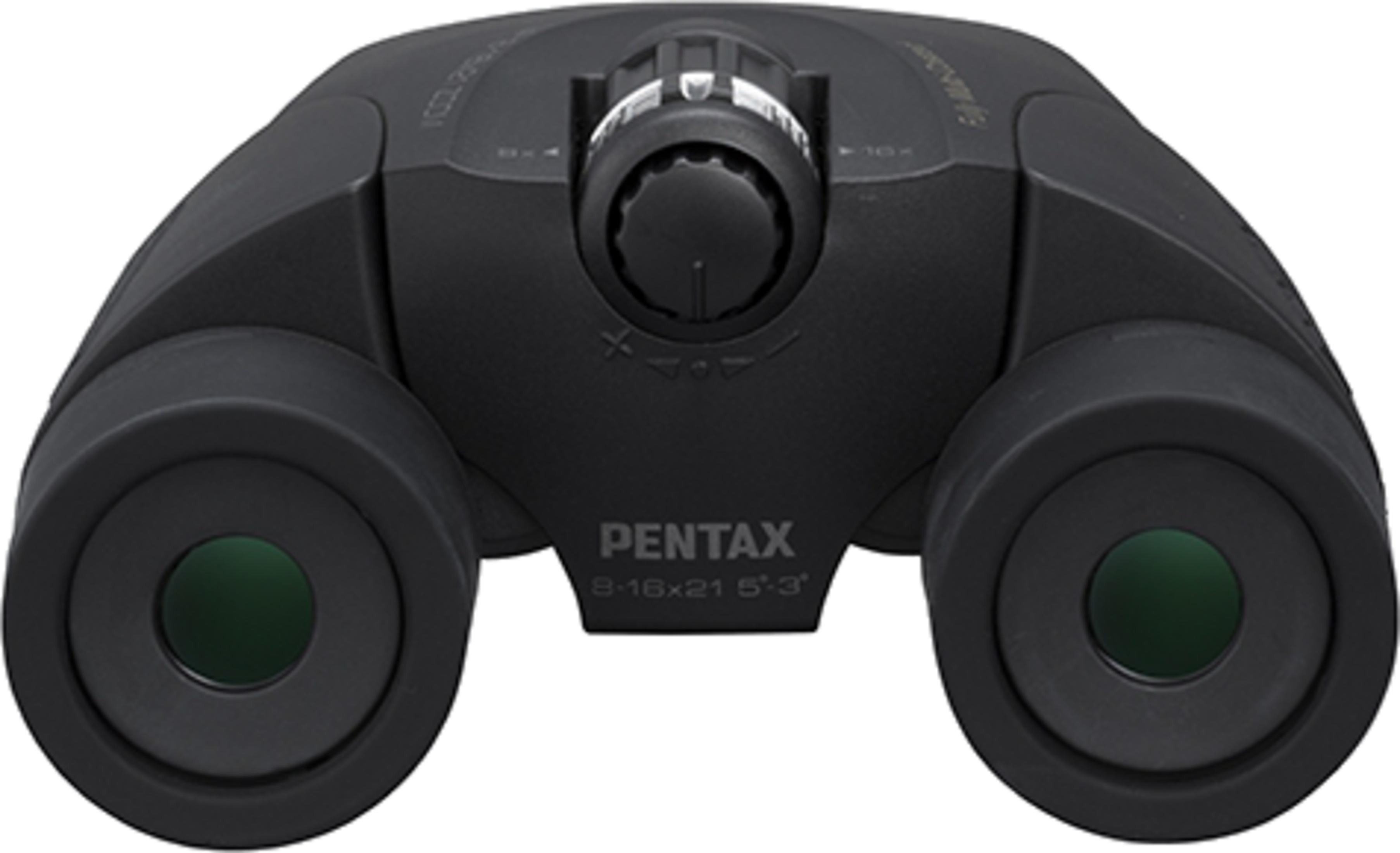 Jumelles Pentax noires avec molette de mise au point et lentilles vertes.