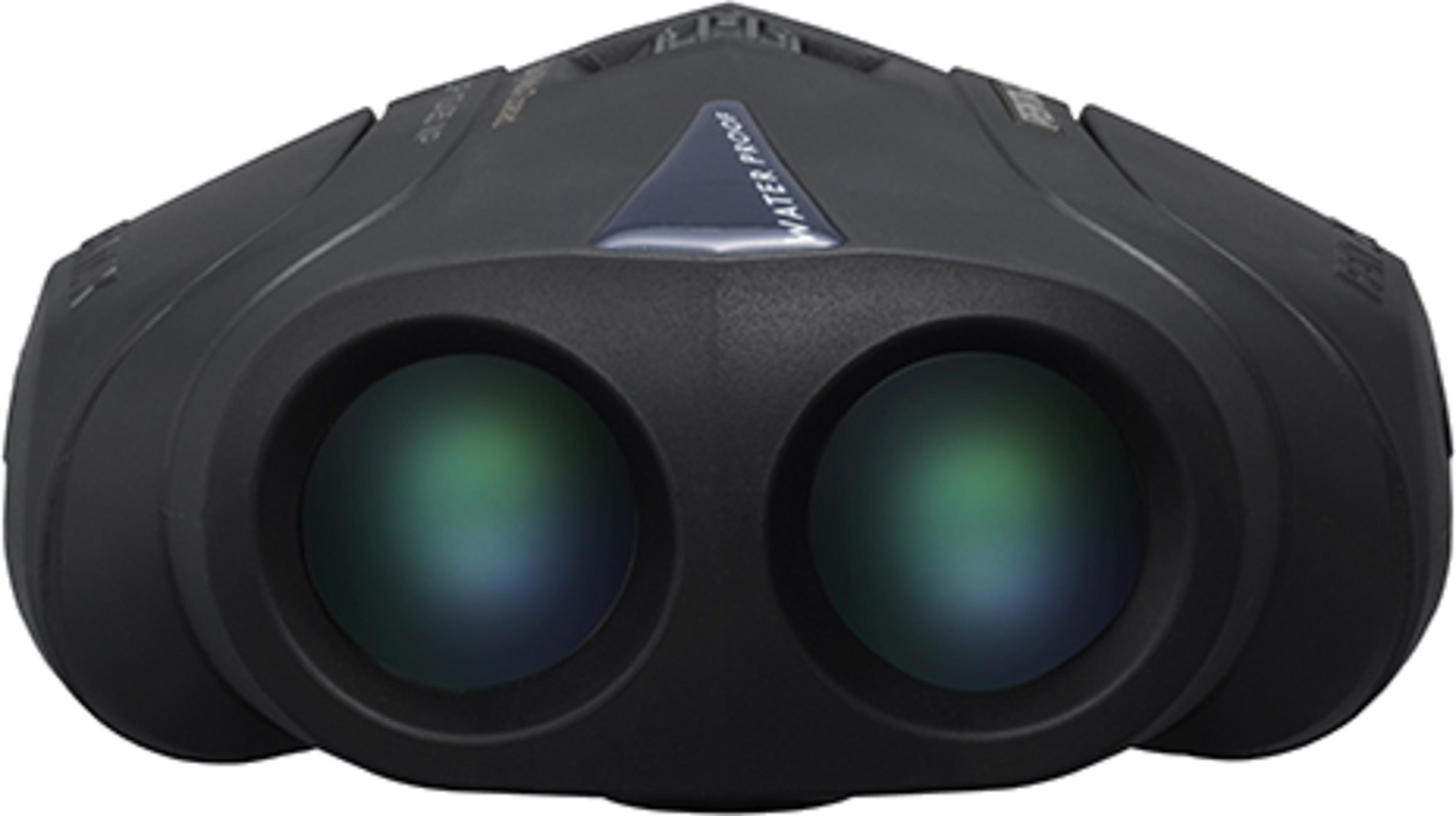 Binocolo nero con due oculari e accenti blu. Impermeabile.