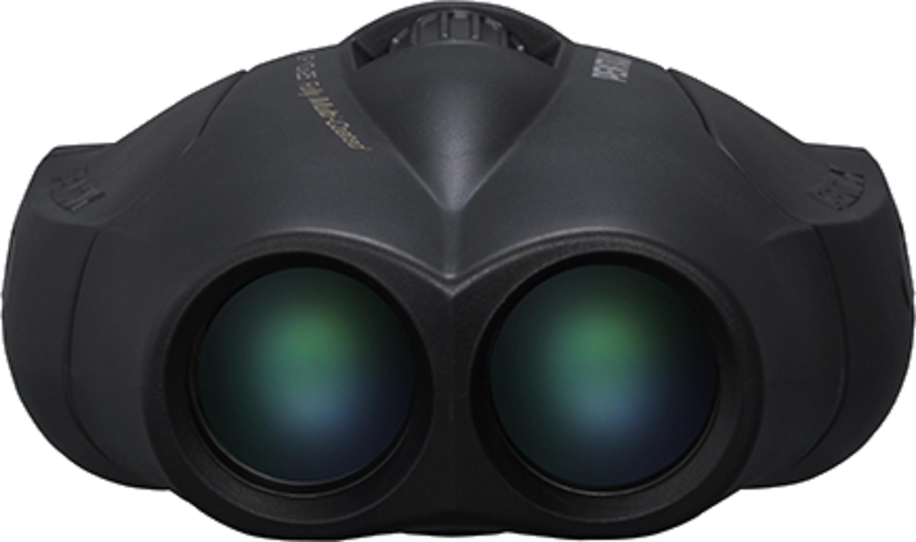 Schwarze Pentax Fernglas mit grünen Linsen, vorne gezeigt.