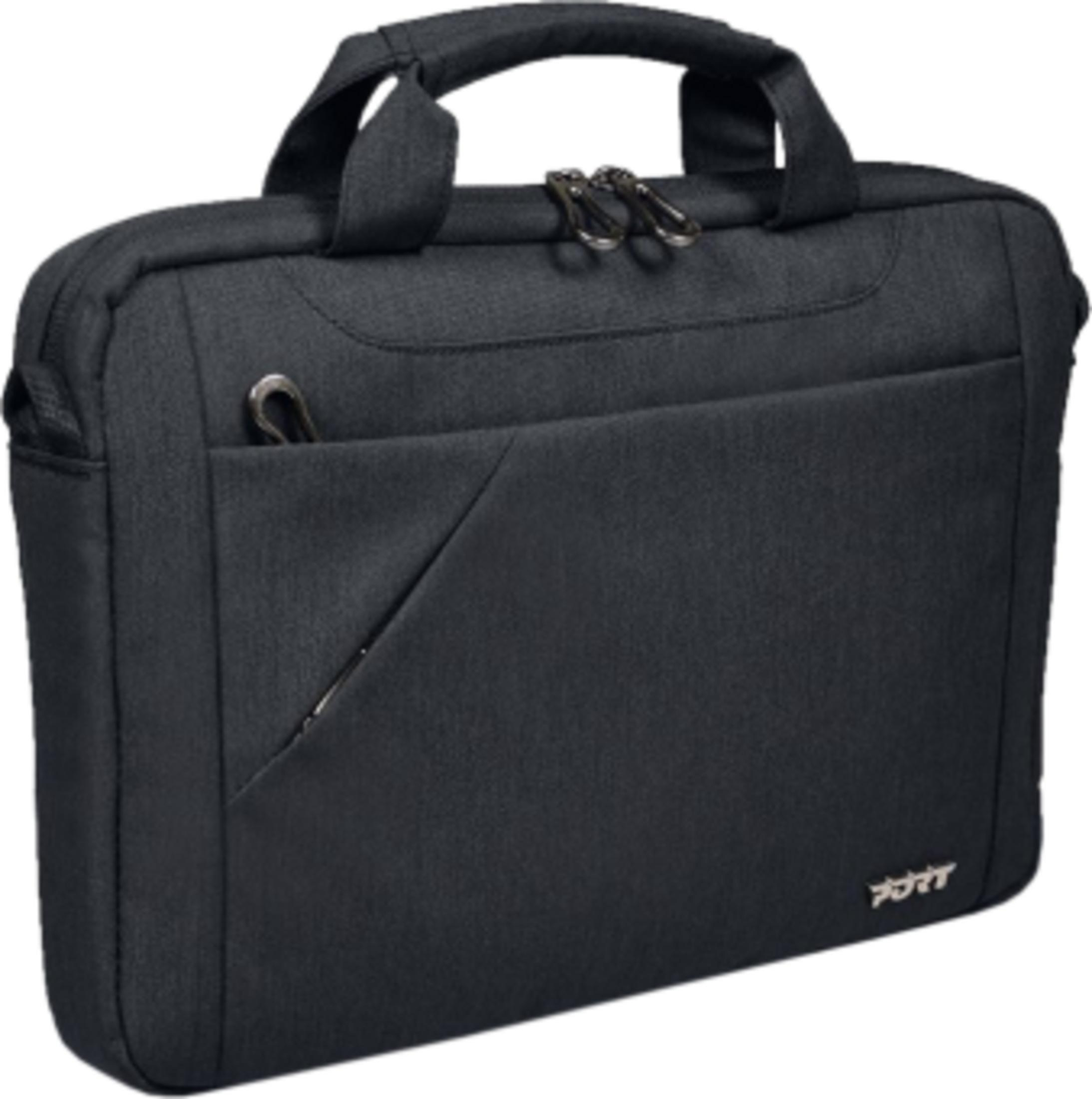 Borsa nera per laptop con due zip e manico superiore.