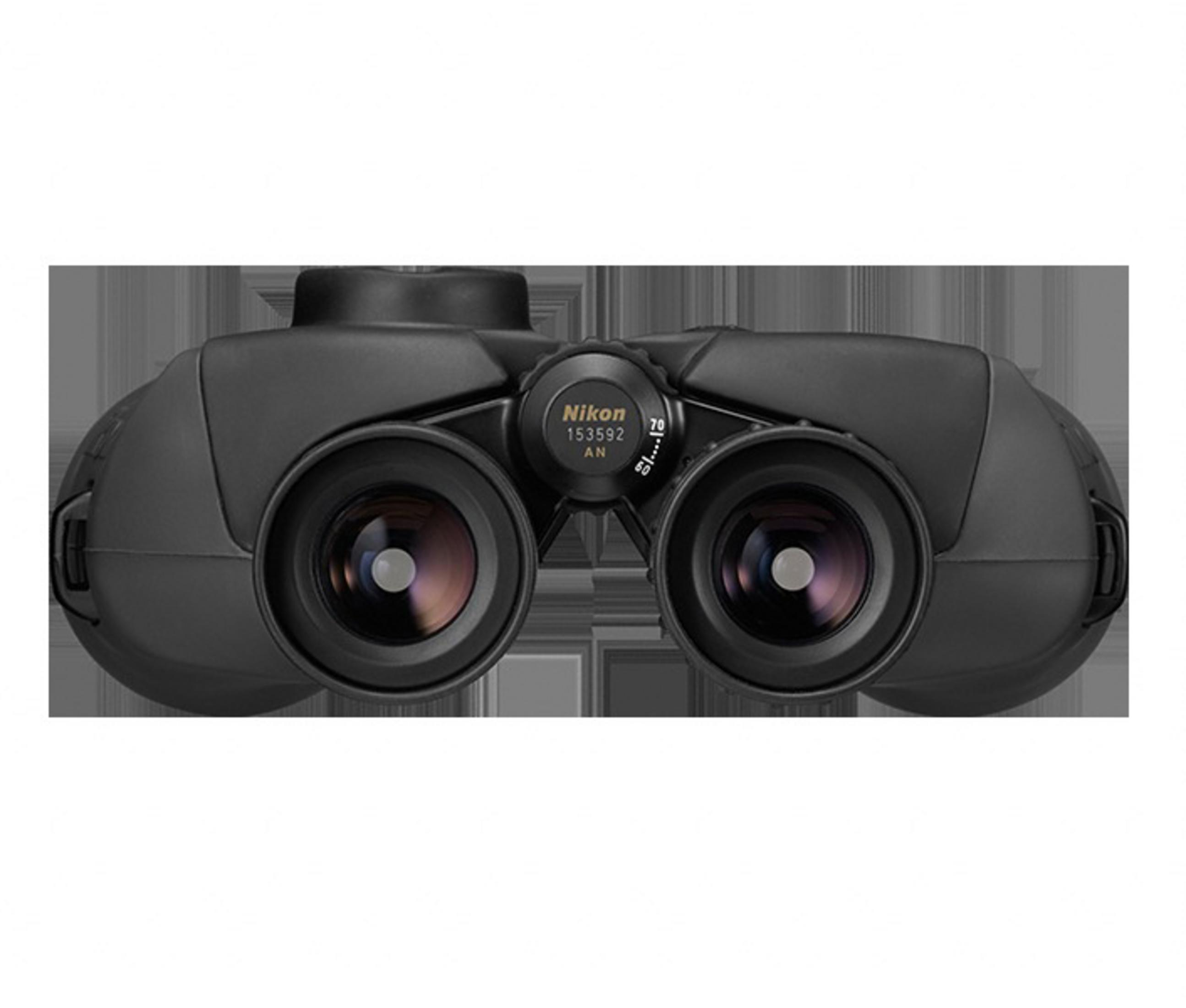 Schwarze Nikon Fernglas mit silbernen Linsen und Fokusrad.