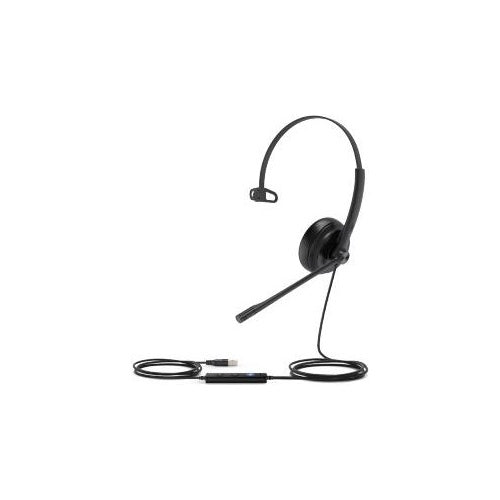 Un auricolare nero con braccio microfonico, su sfondo bianco.