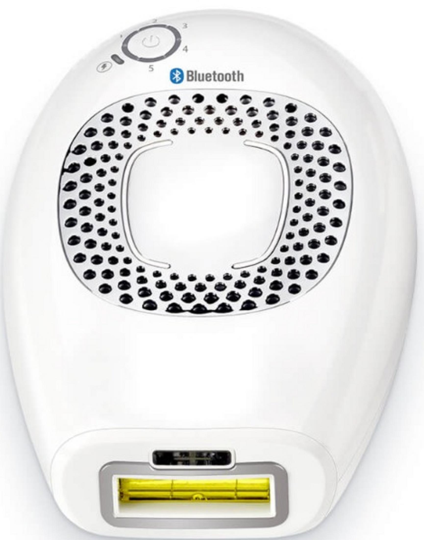 Ein weißes IPL-Haarentfernungsgerät mit Bluetooth-Funktion und einem gelben Behandlungsfenster.