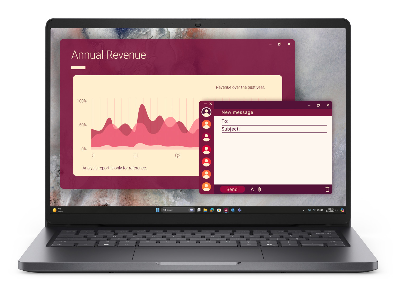 Schermo del laptop mostra grafico entrate annuali e finestra nuovo messaggio.