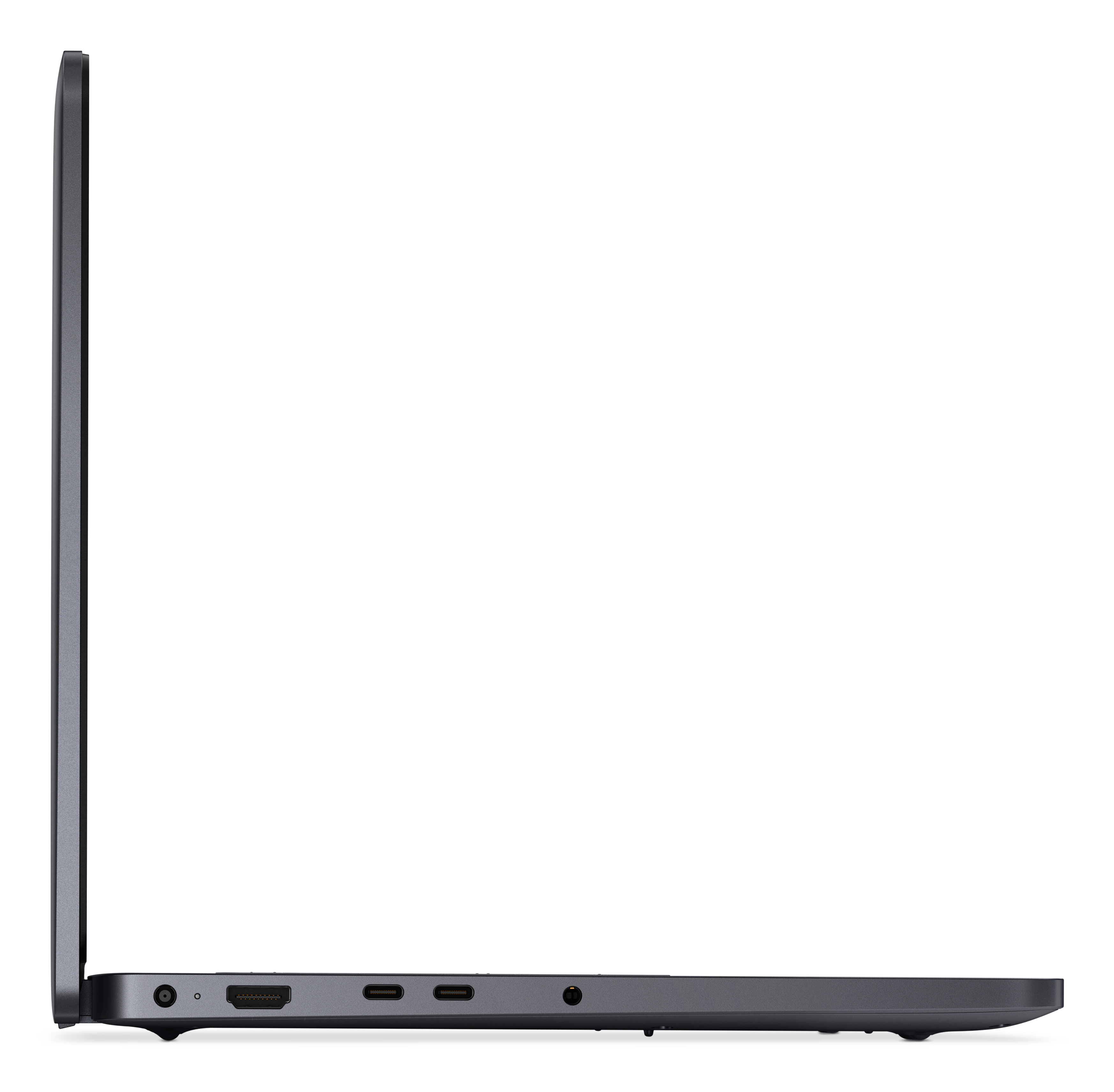 Vista di profilo di un laptop grigio con porte: HDMI, USB-C, jack cuffie.