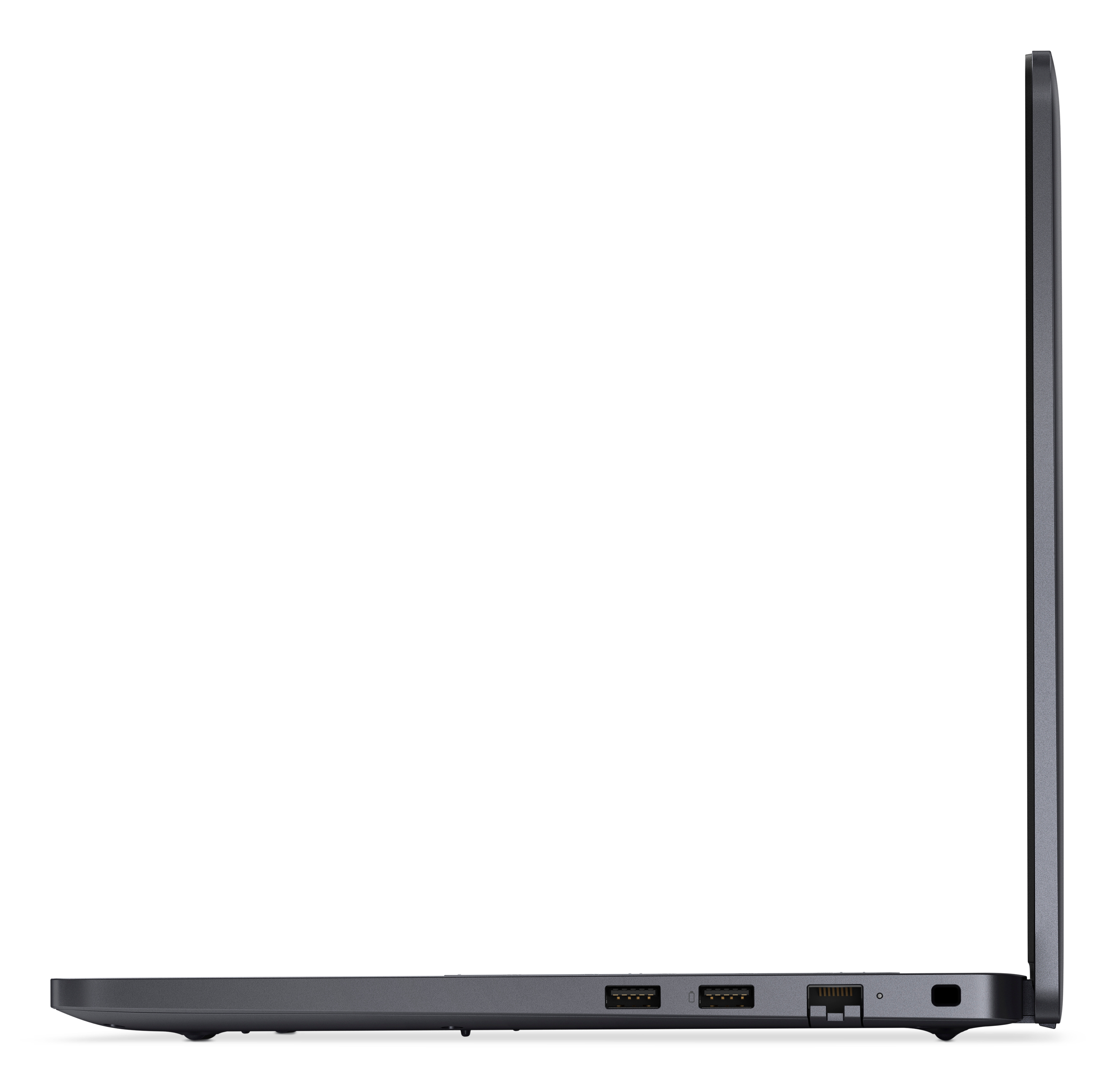 Profilo laterale di un laptop grigio con porte USB, lettore di schede SD e porta Ethernet.