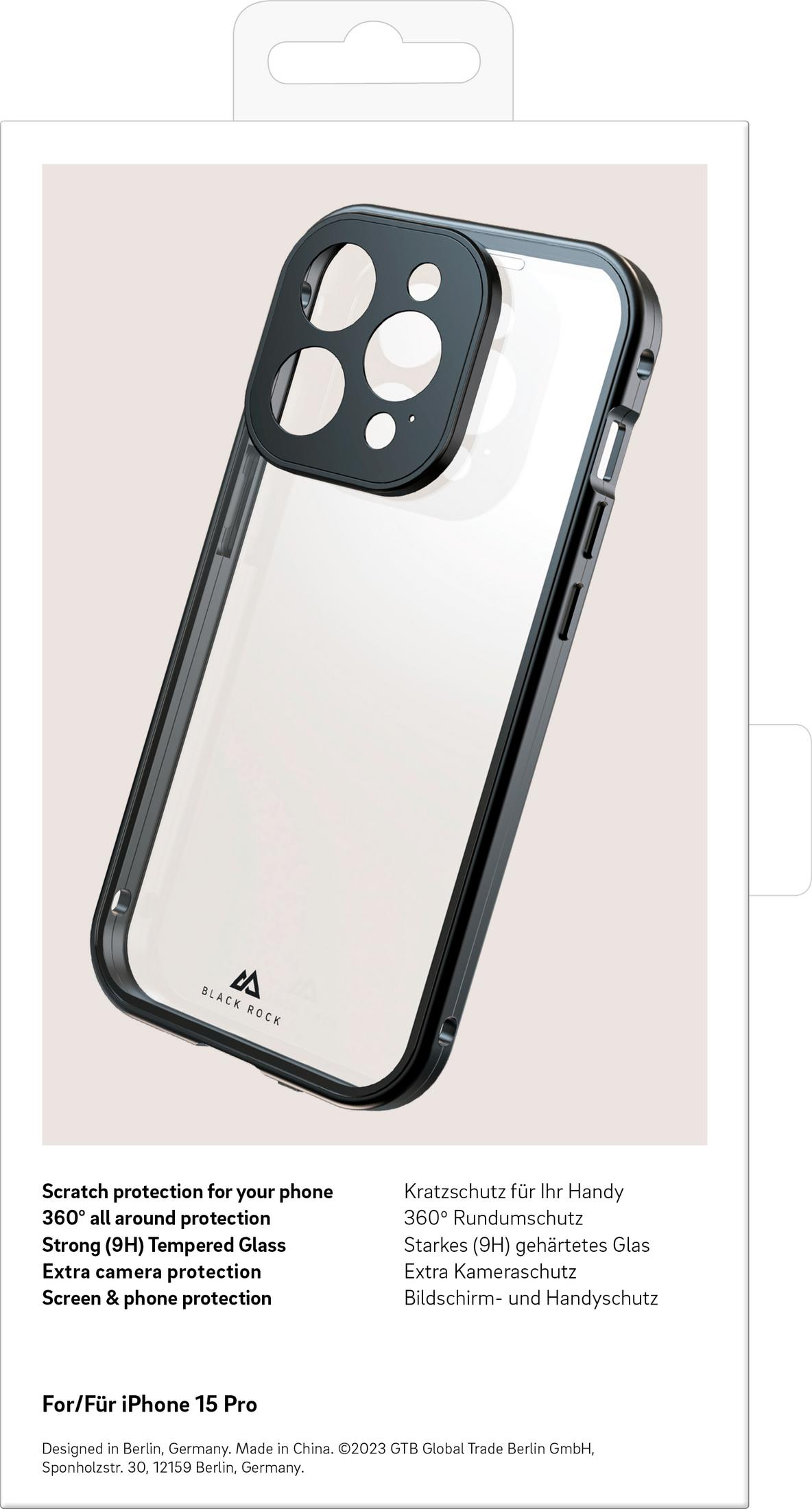 Schwarze Hülle für iPhone 15 Pro mit Kameraaussparung und klarem Rückteil.