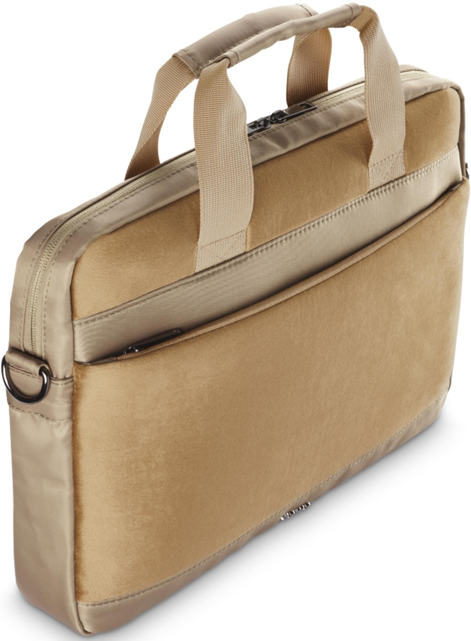 Eine beige Aktentasche mit texturierter Front, zwei Griffen und einer Reißverschlusstasche.