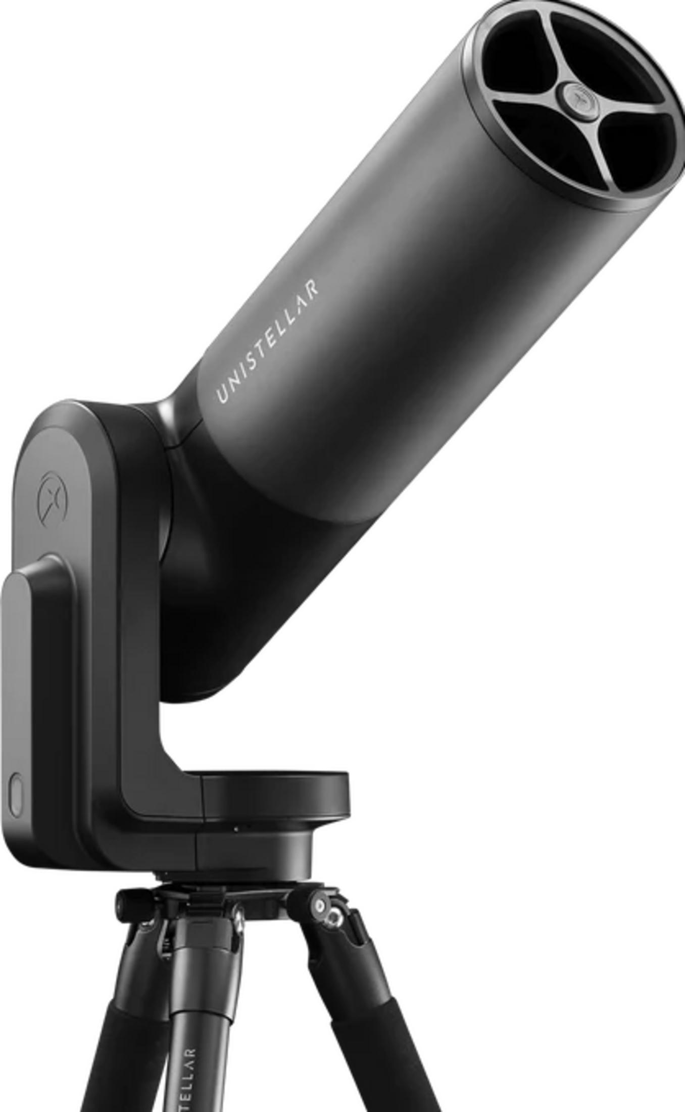 Ein schwarzes Teleskop mit dem Logo "UNISTELLAR" auf einem Stativ.