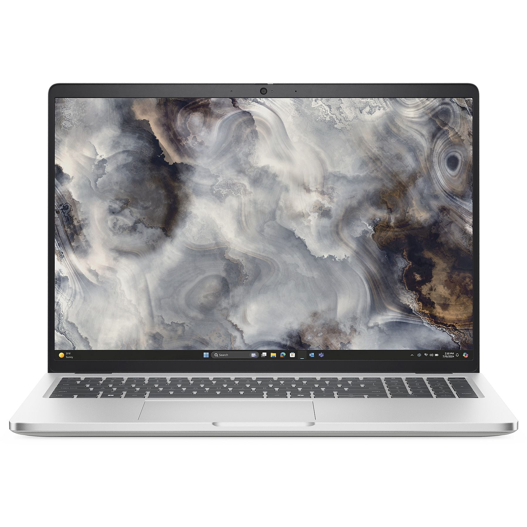 Un laptop argentato con uno sfondo astratto simile a nuvole.