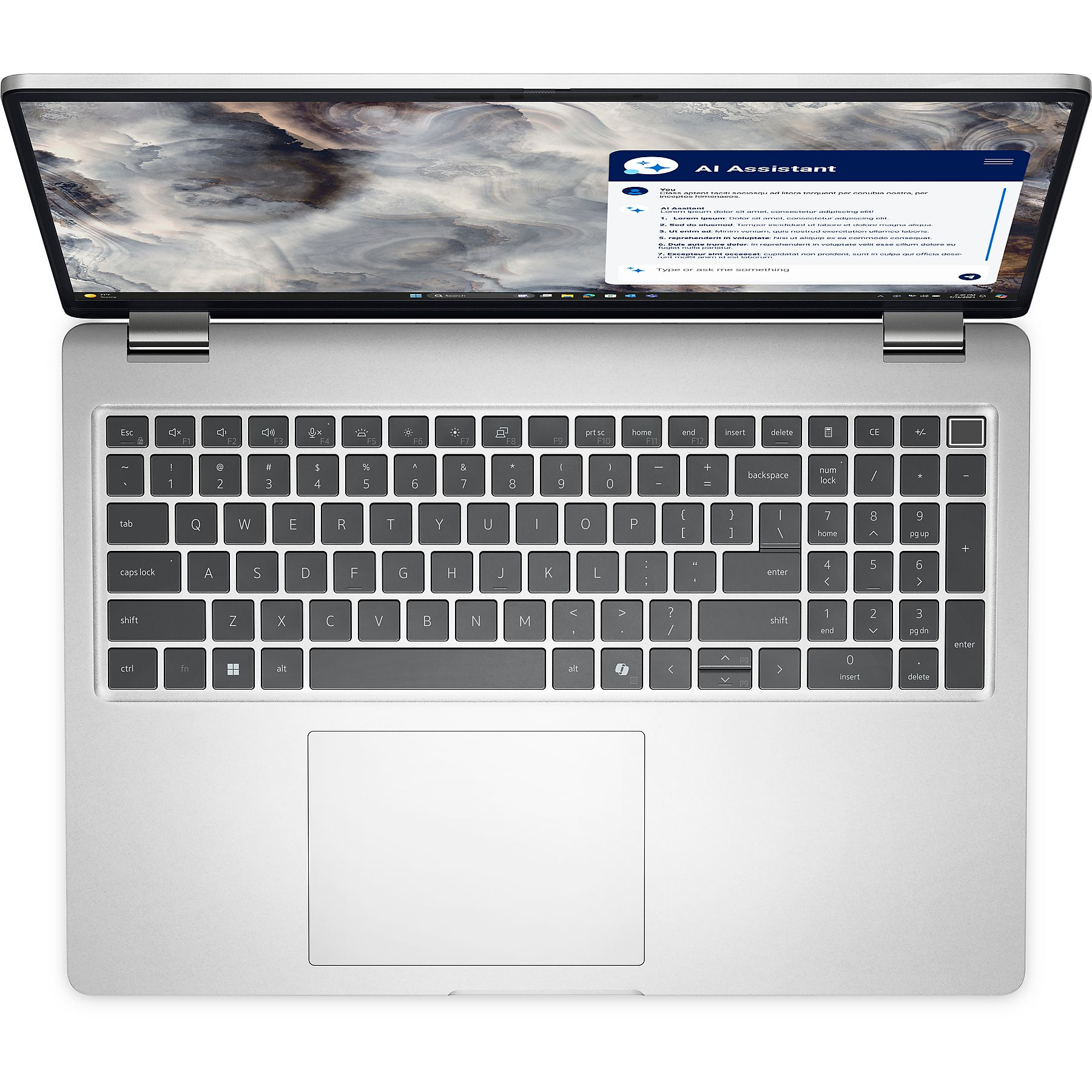 Un laptop argentato con schermo aperto, che mostra un'interfaccia di assistente AI.