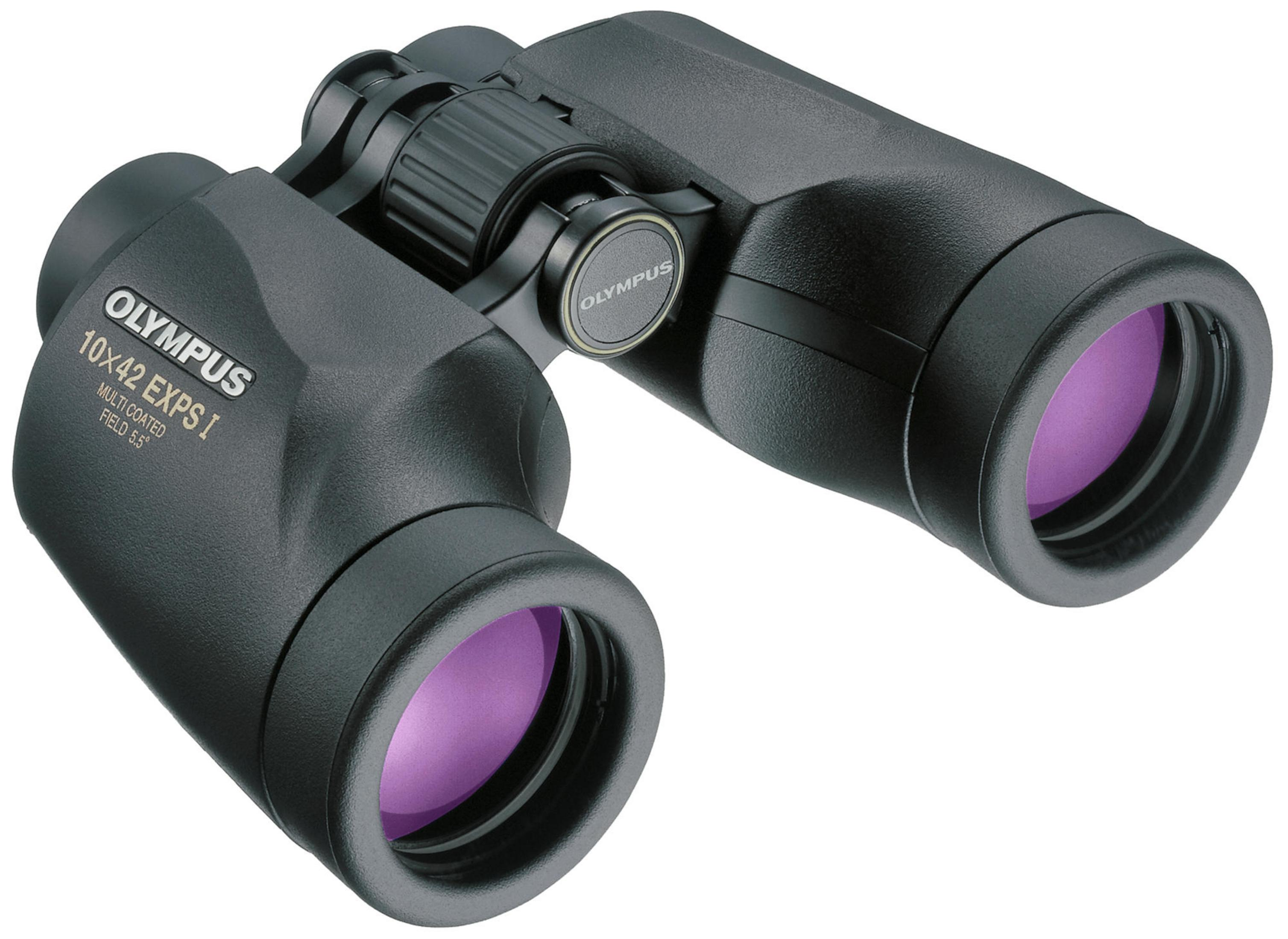 Zwarte Olympus 10x42 EXPS I verrekijker met paarse lenzen en scherpstelwiel.