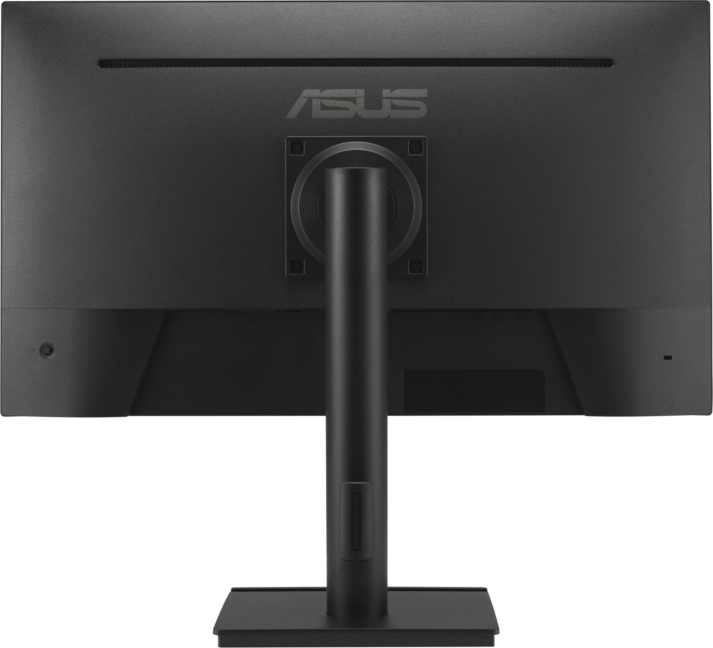 Achterkant van een zwarte monitor met Asus-logo, standaard en poorten.