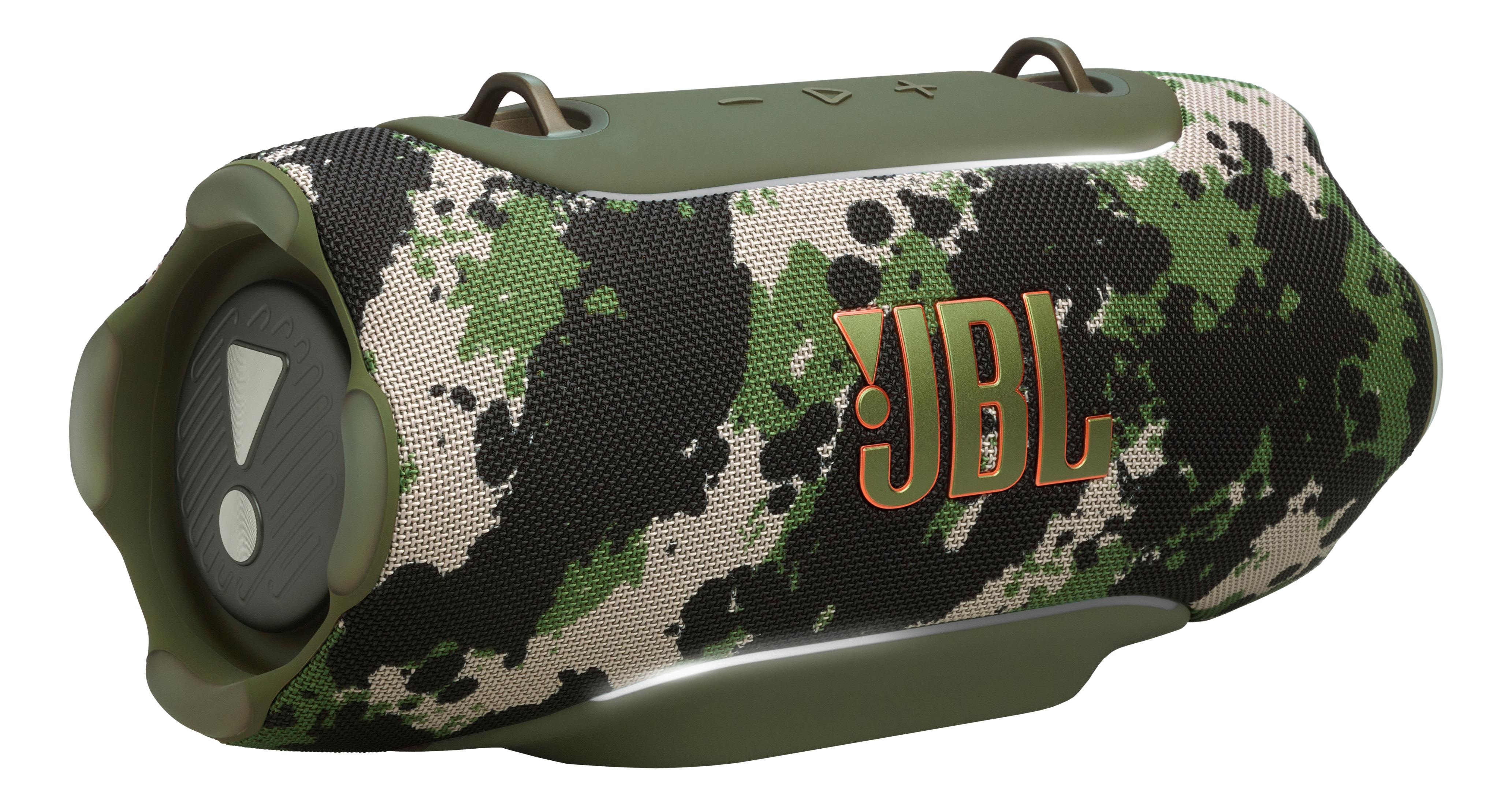 Altoparlante mimetico verde con logo JBL arancione.