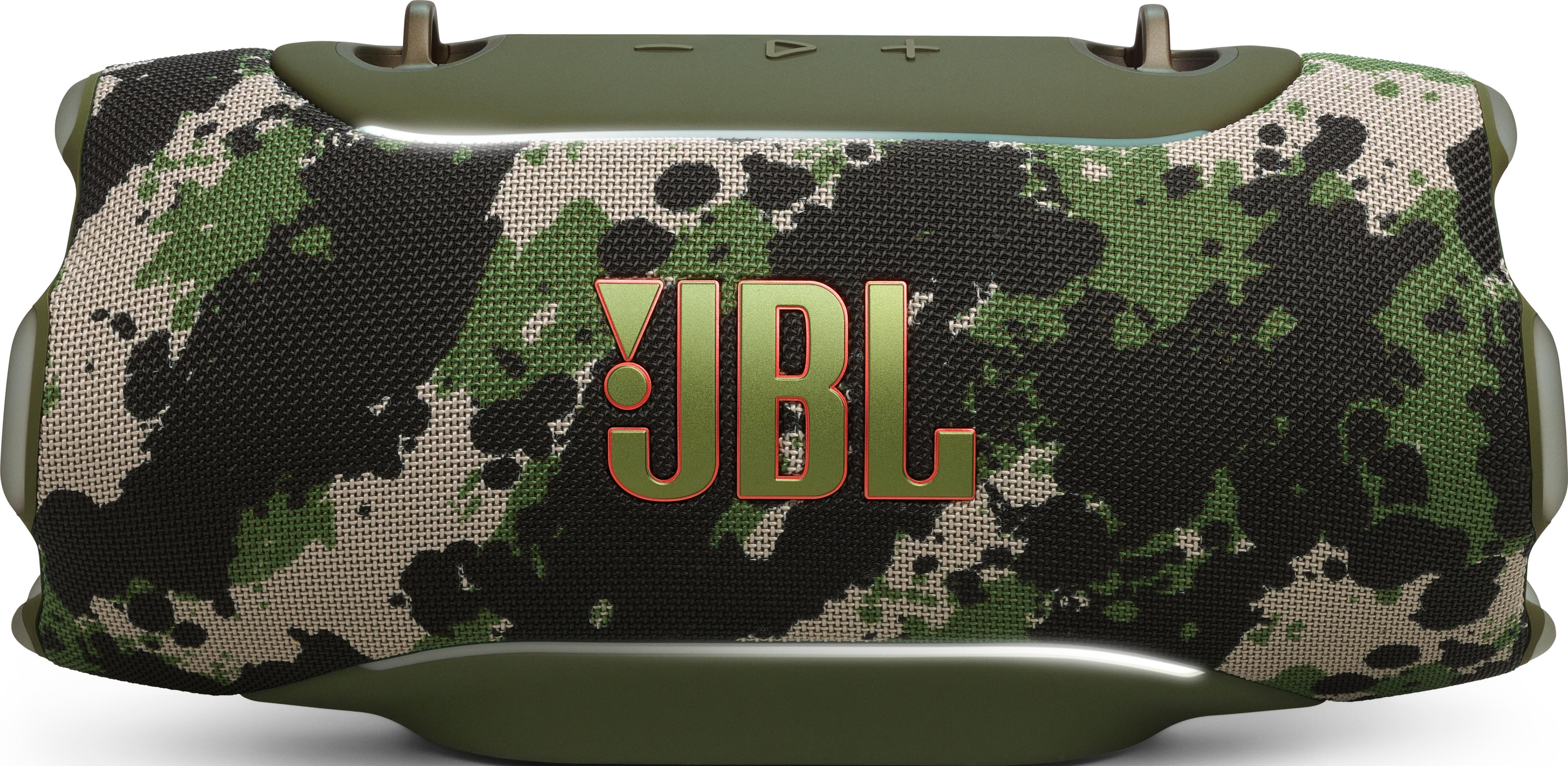 Un altoparlante JBL verde con motivo mimetico e accenti rosso vivo.