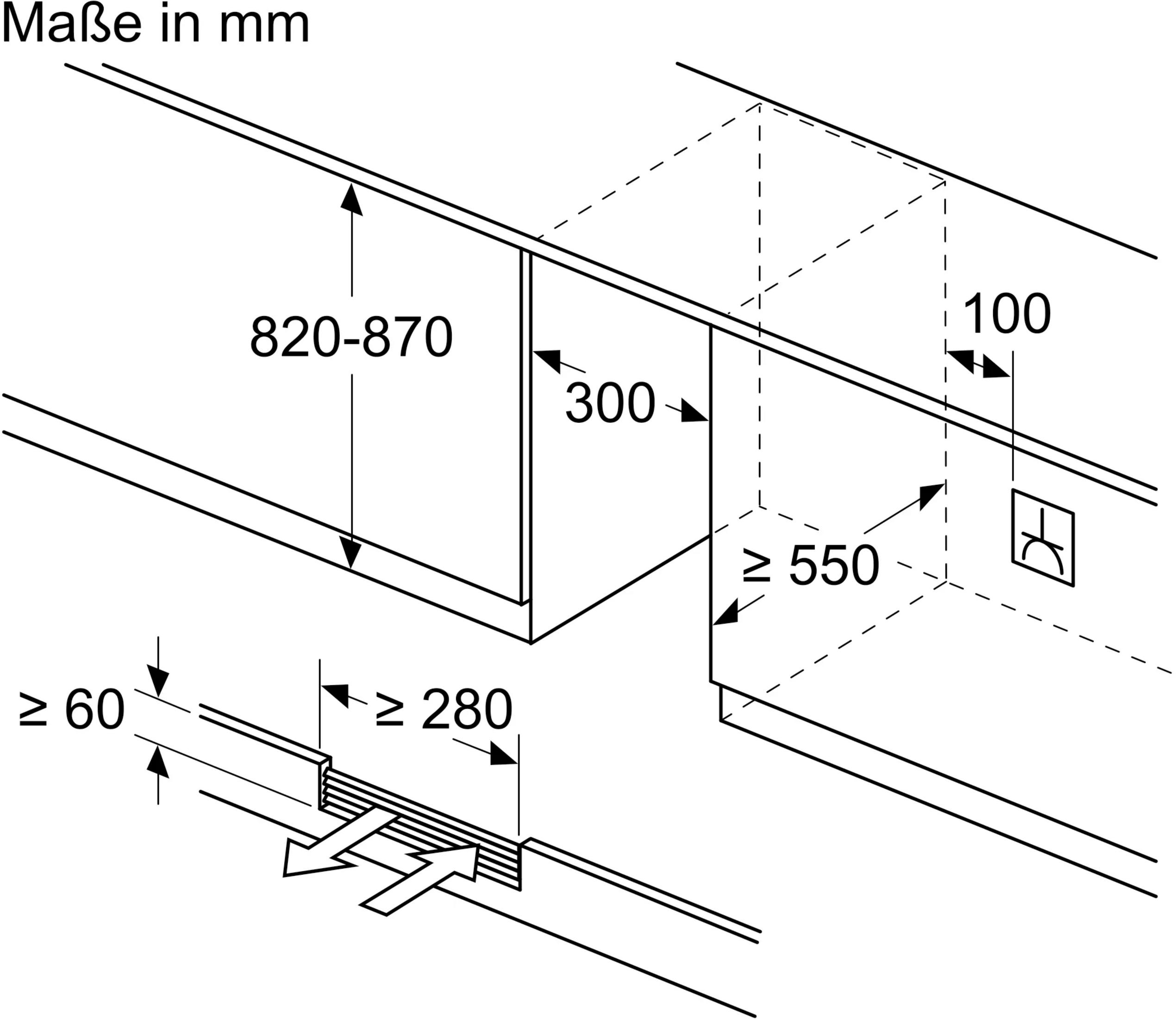 Disegno tecnico con dimensioni in mm: Altezza 820-870, Larghezza 300, Profondità ≥ 550.