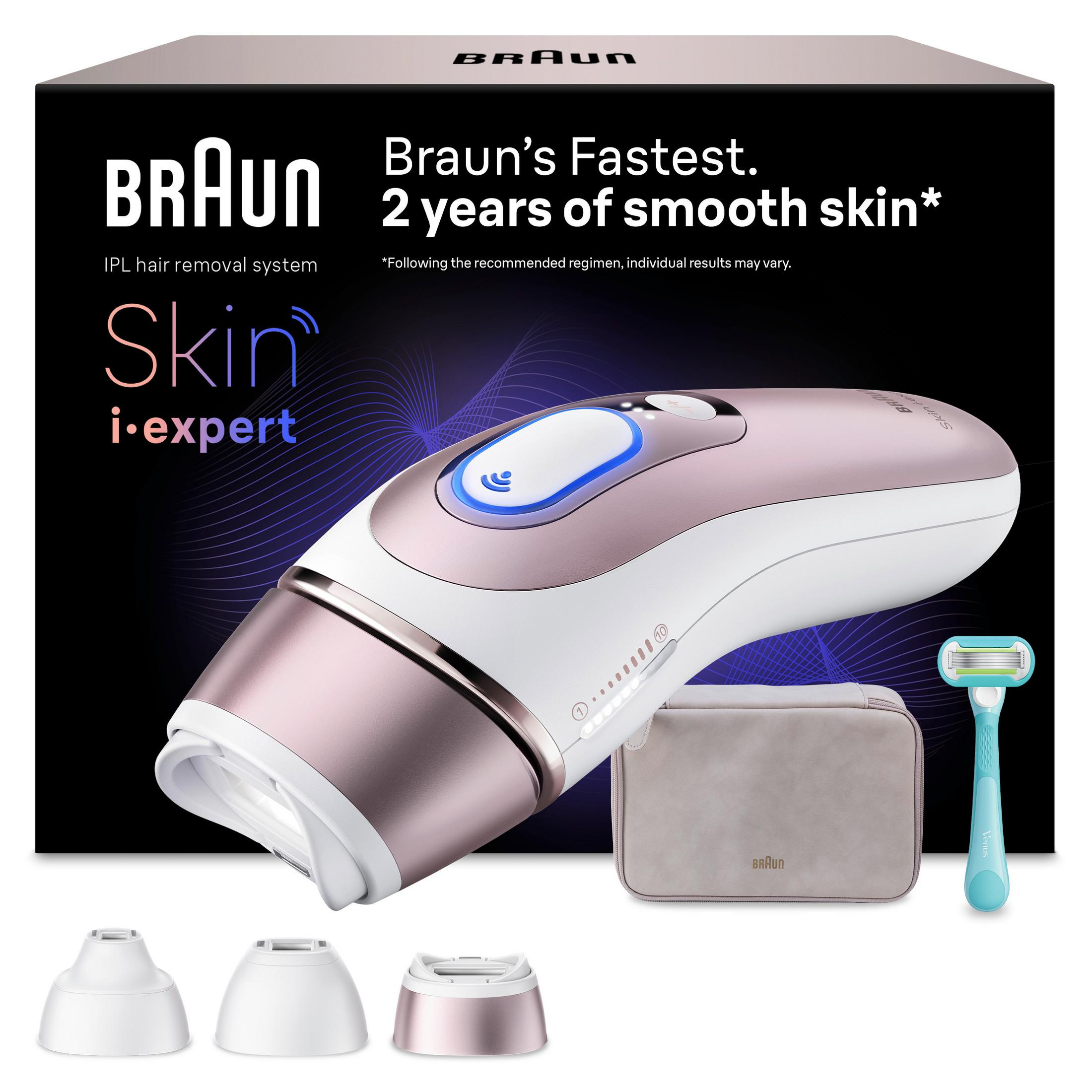 Un sistema di epilazione IPL Braun con accessori, inclusi rasoio e accessori.