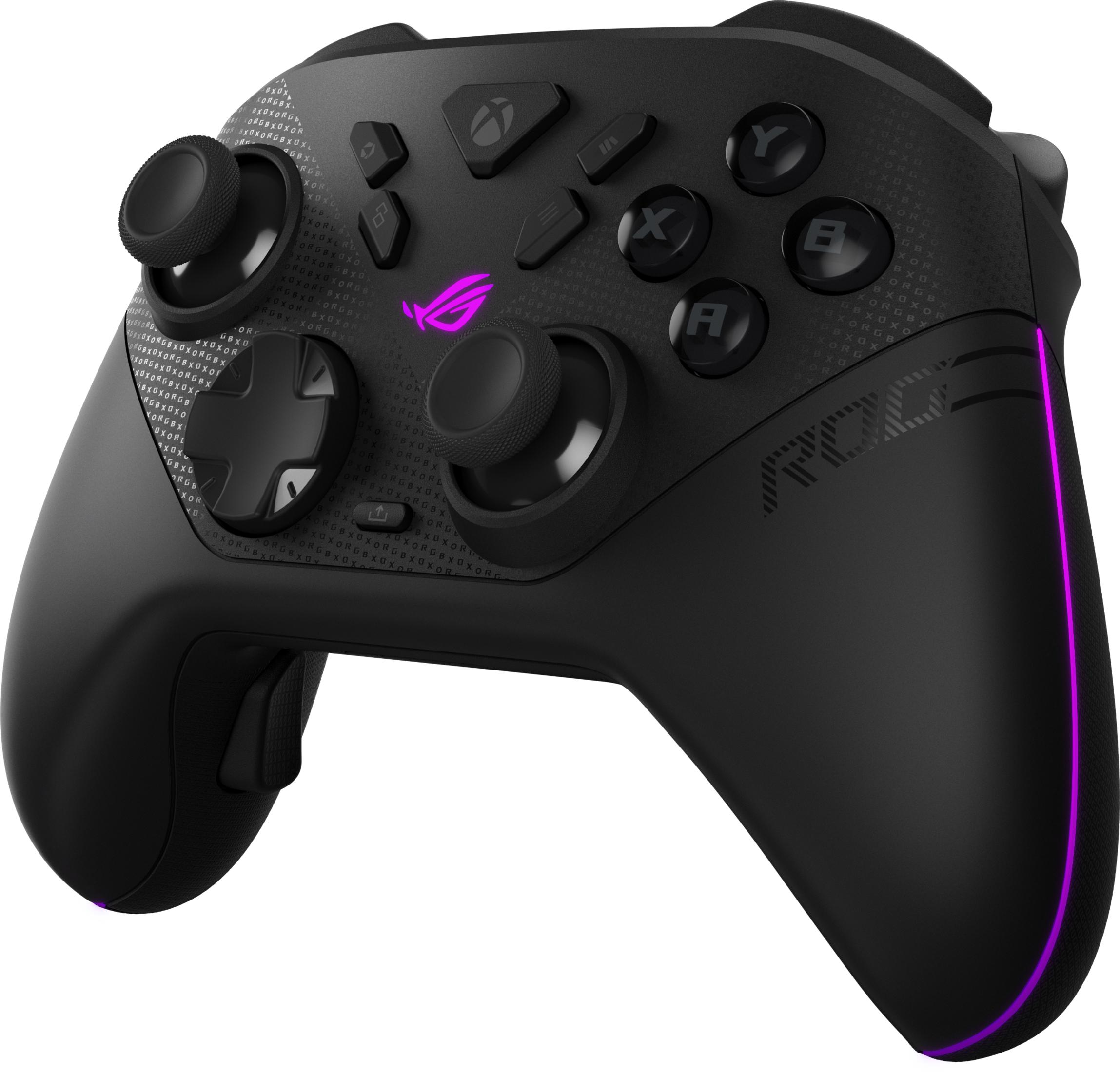 Schwarzer Gaming-Controller mit RGB-Beleuchtung, joysticks, Knöpfen und ROG-Logo.