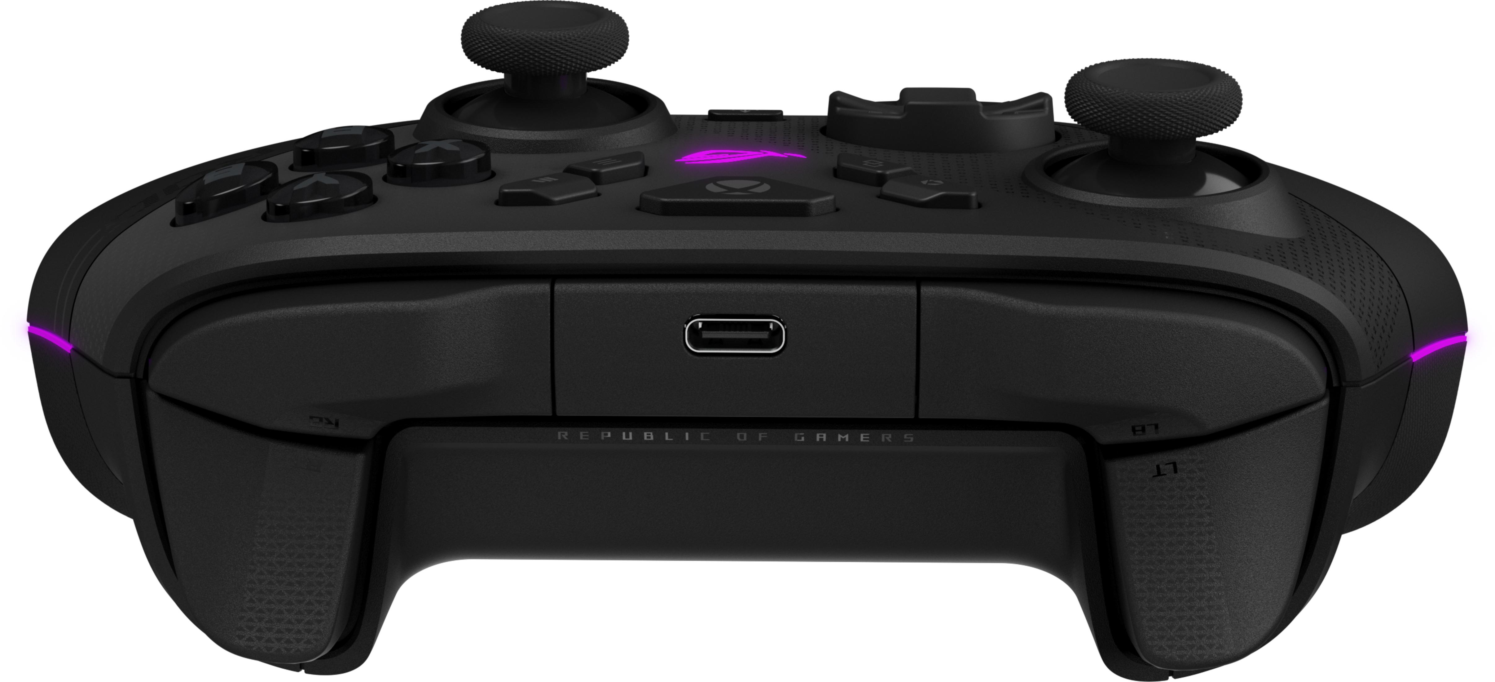 Schwarzer Gaming-Controller mit lila Akzenten, USB-C-Anschluss und zwei Joysticks.