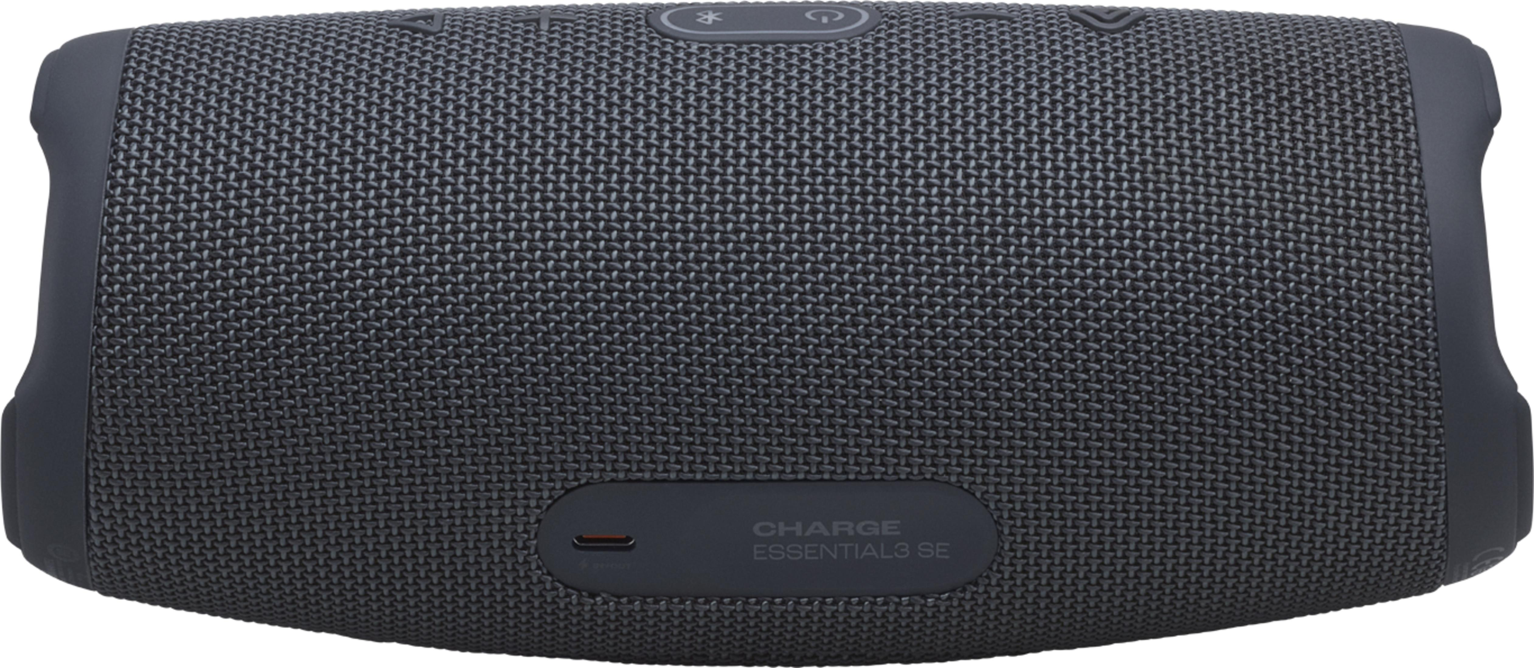 Altoparlante Bluetooth grigio scuro con griglia in tessuto e pulsanti.