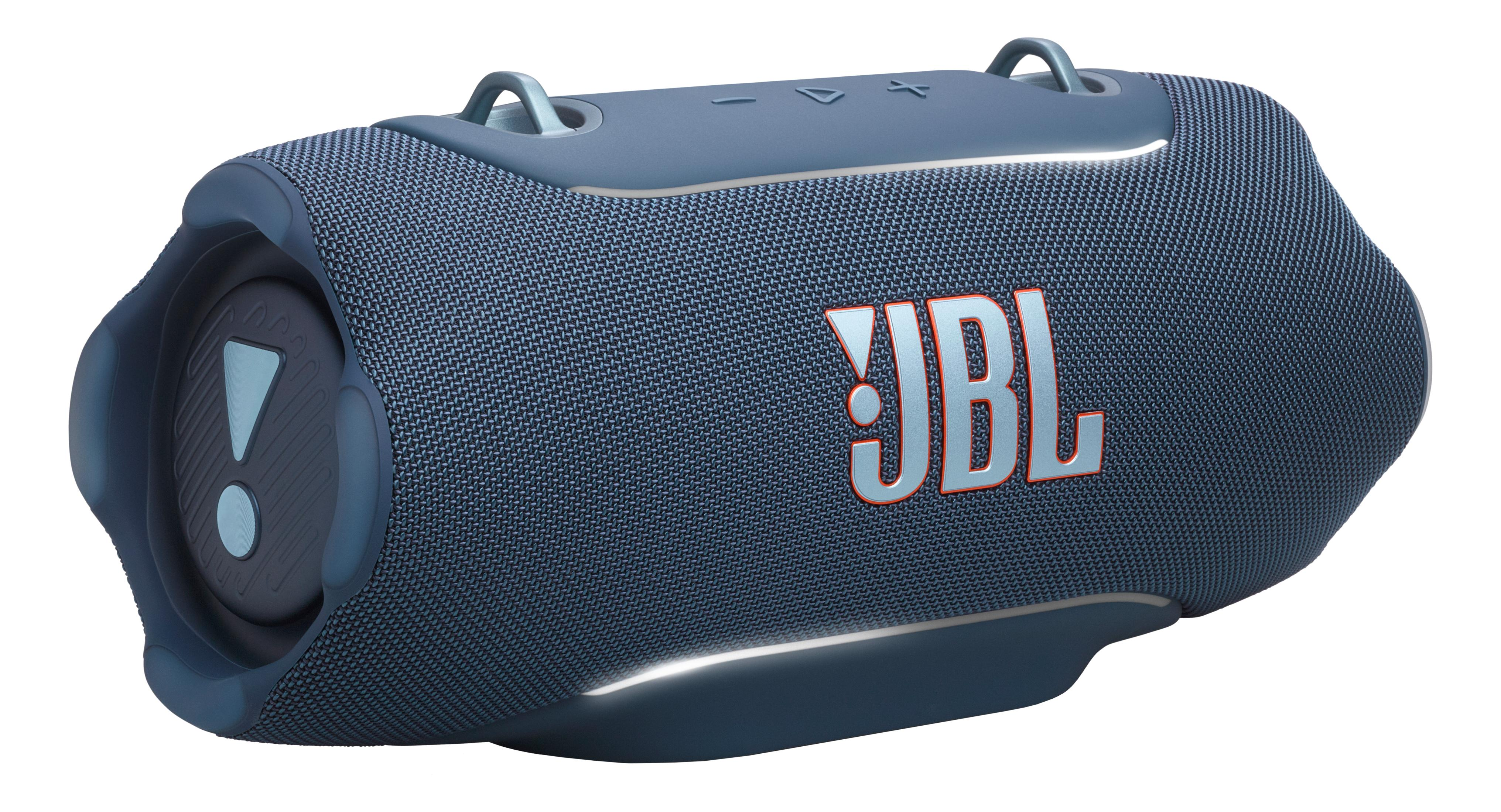 Ein blauer JBL-Lautsprecher mit JBL-Logo und Tragegriffen.