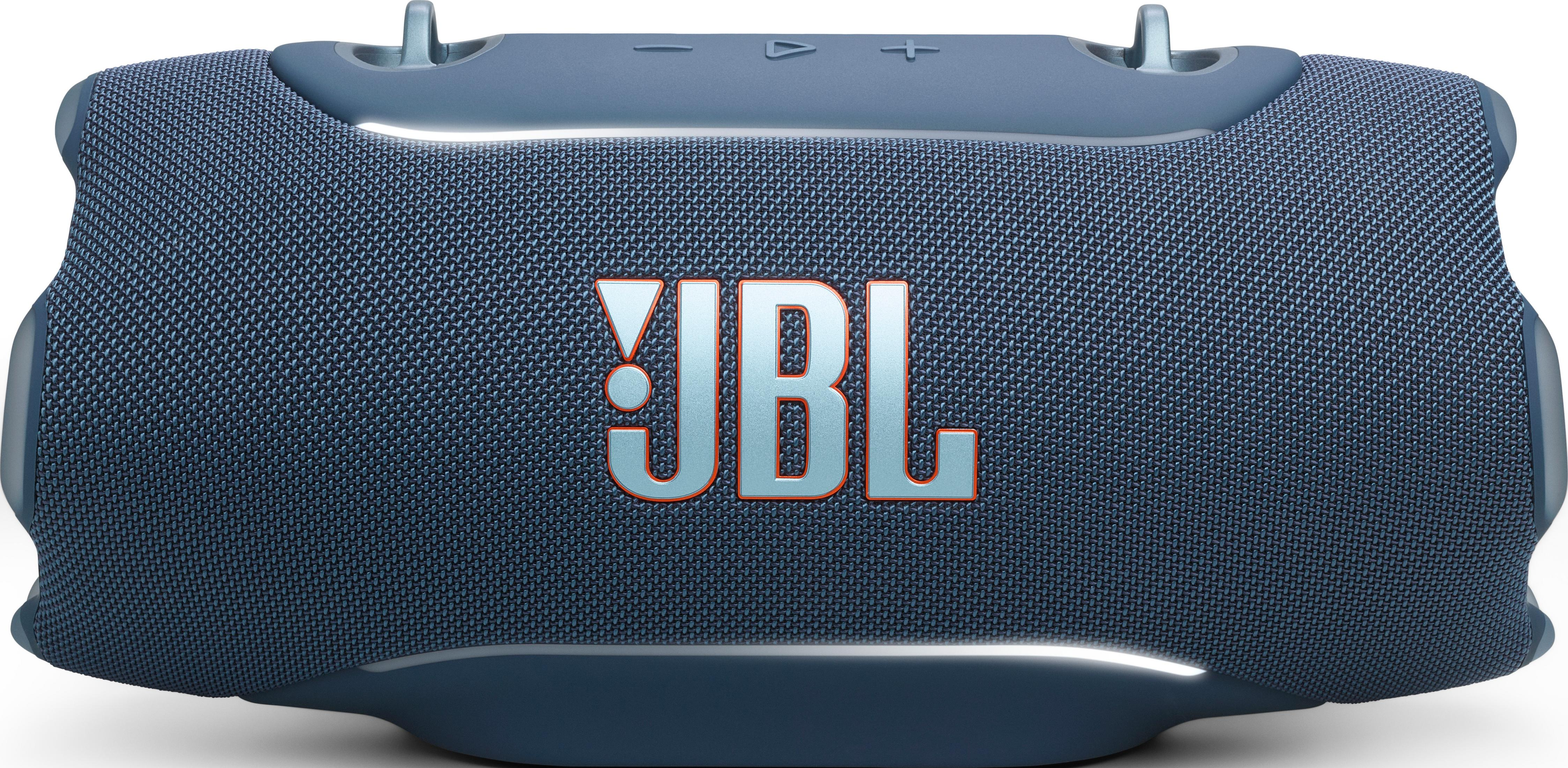 Ein blauer JBL Bluetooth-Lautsprecher mit dem Logo auf der Vorderseite.