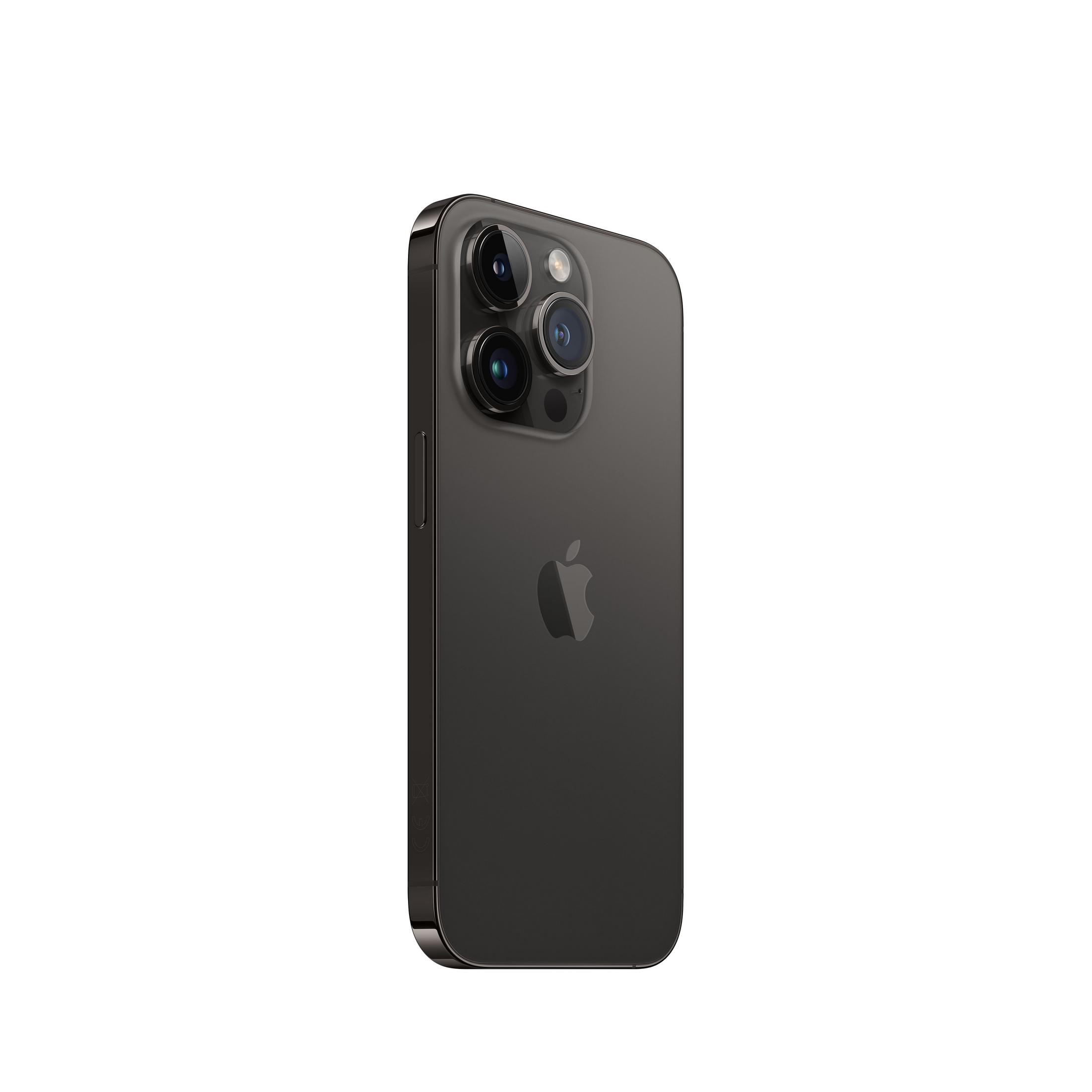 iPhone grigio scuro con tre fotocamere e logo Apple su sfondo bianco.