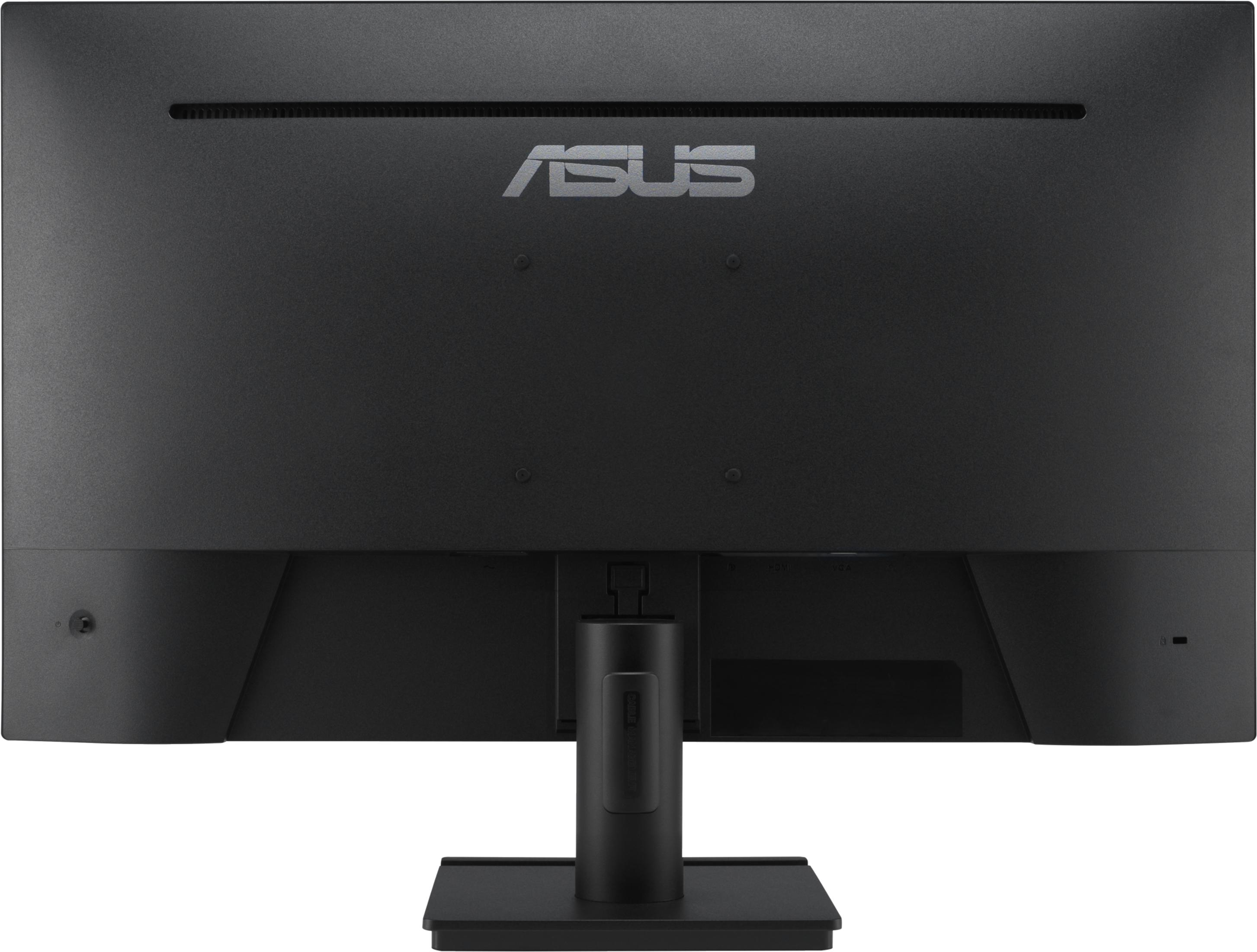 Rückseite eines schwarzen Monitors mit ASUS-Logo und Anschlussbereich.