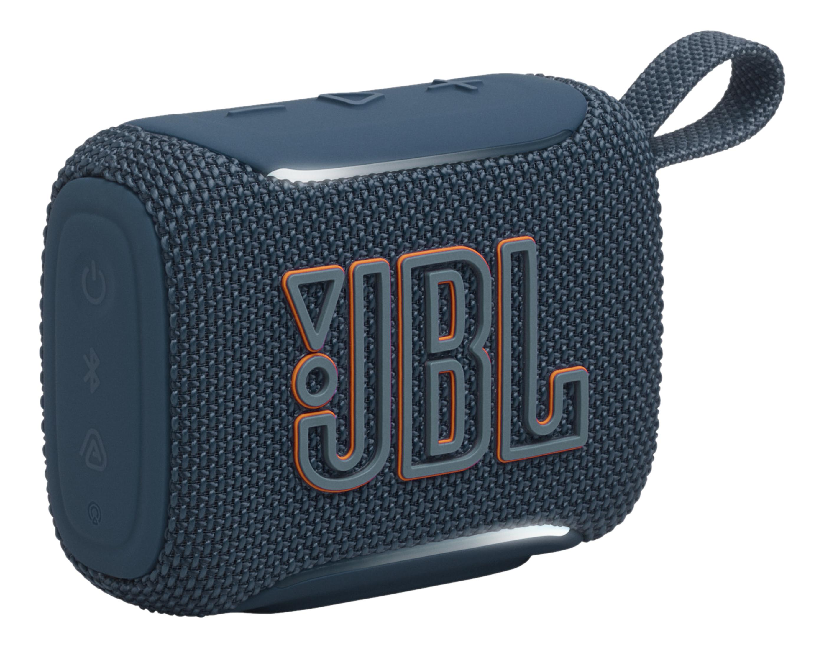 Ein kleiner, dunkelblauer JBL-Lautsprecher mit orangefarbenem Logo und Trageschlaufe.