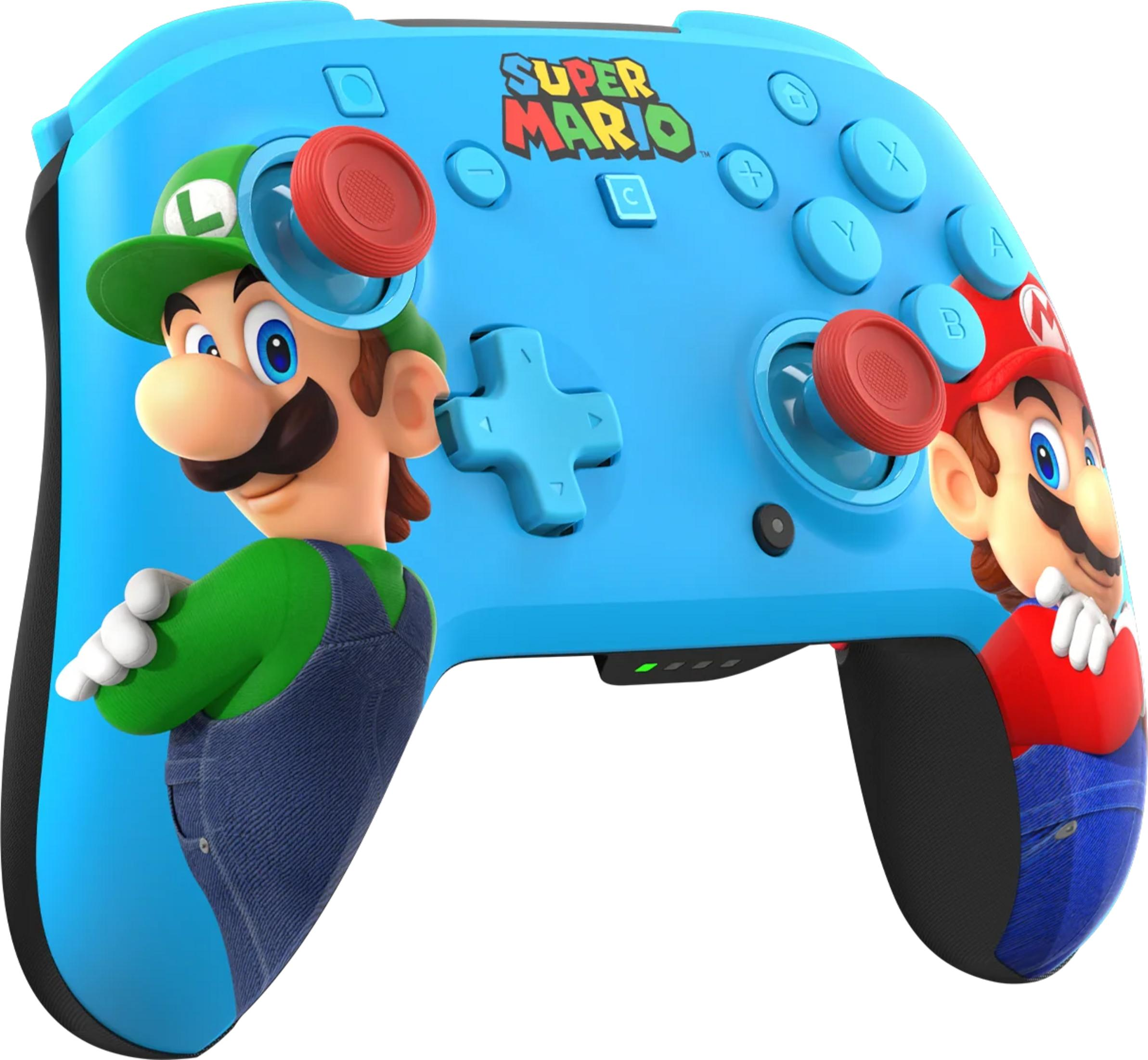 Ein blauer Nintendo-Controller mit Bildern von Mario und Luigi, Super Mario-Logo.