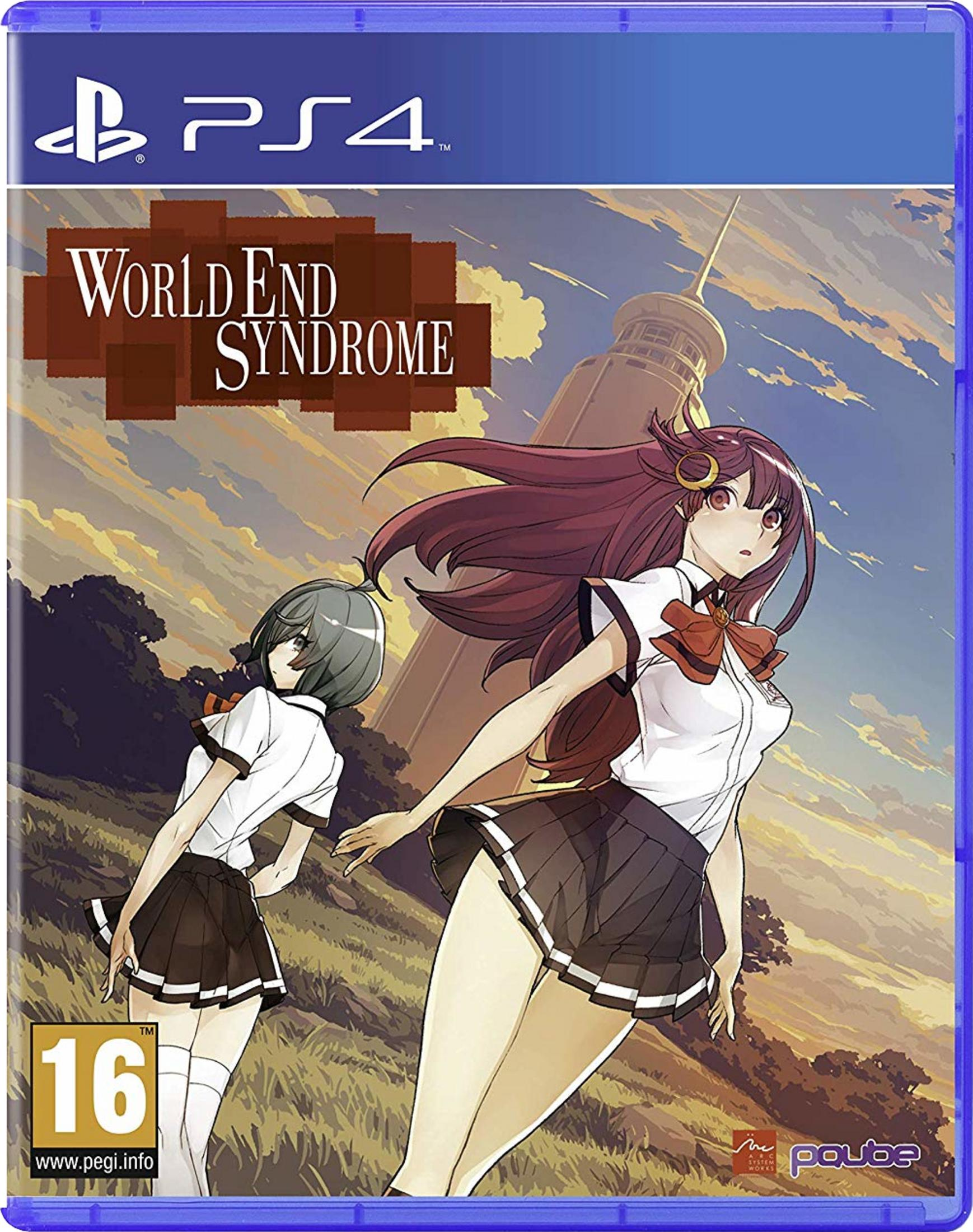 Due ragazze anime in uniforme scolastica davanti a una torre al tramonto.