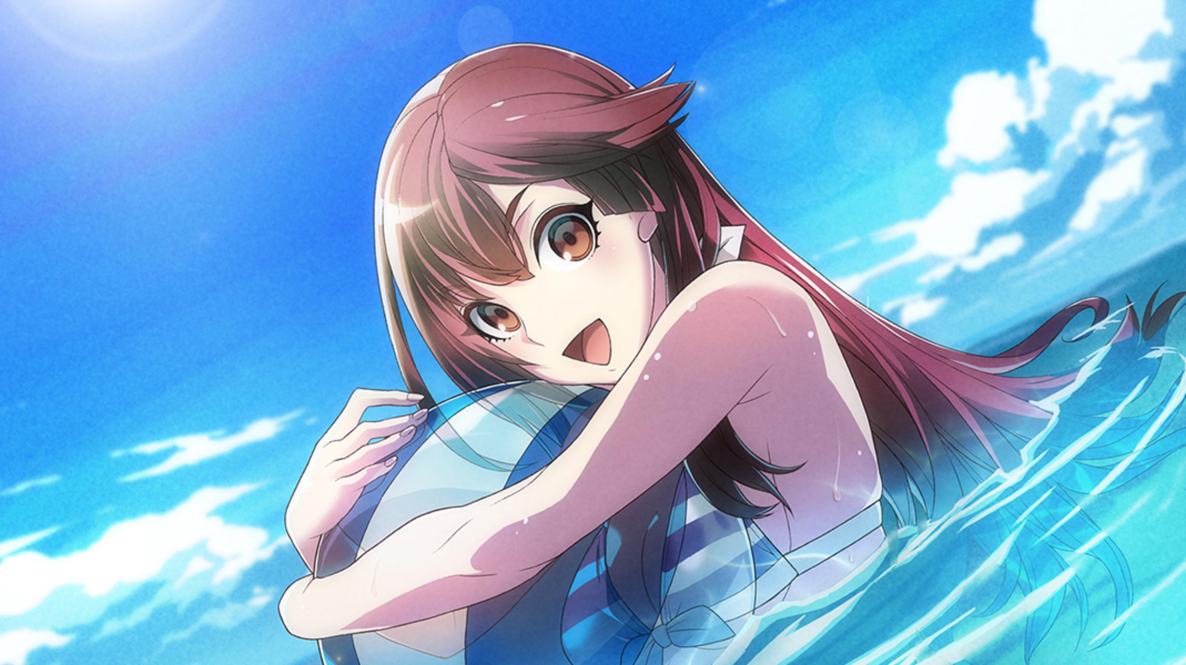 Ragazza anime con capelli rossi nell'acqua, abbracciando una grande palla blu.