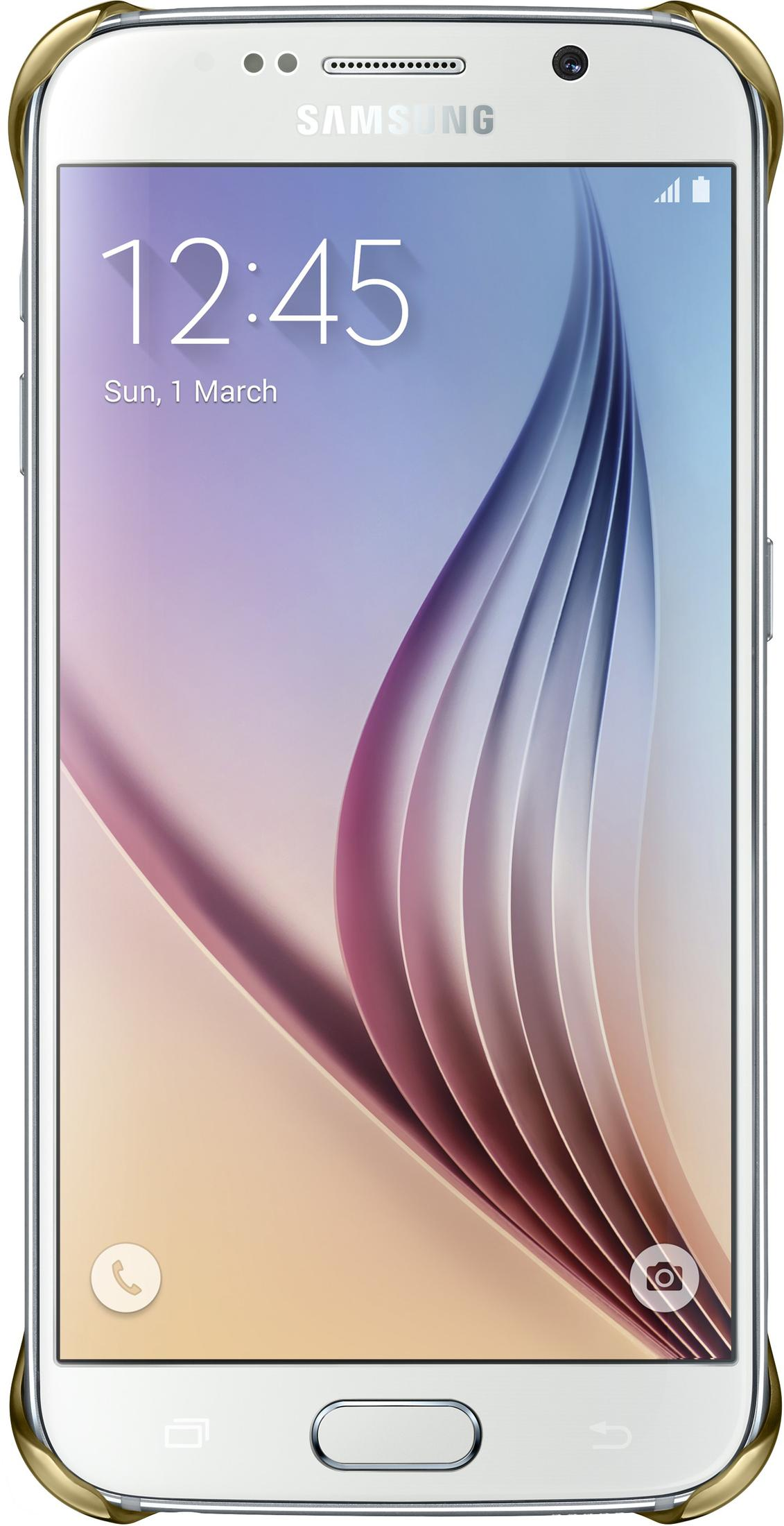 Ein weißes Samsung Smartphone mit einem goldenen Rahmen. Der Bildschirm zeigt 12:45 Uhr.