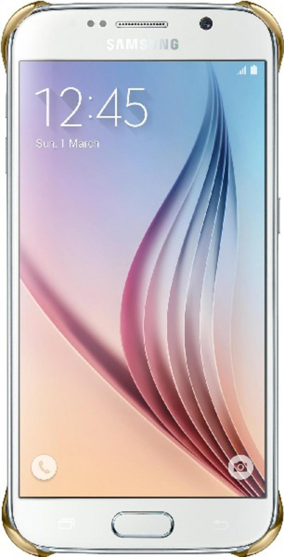 Ein weißes Samsung Smartphone mit goldenen Ecken. Die Uhrzeit ist 12:45.