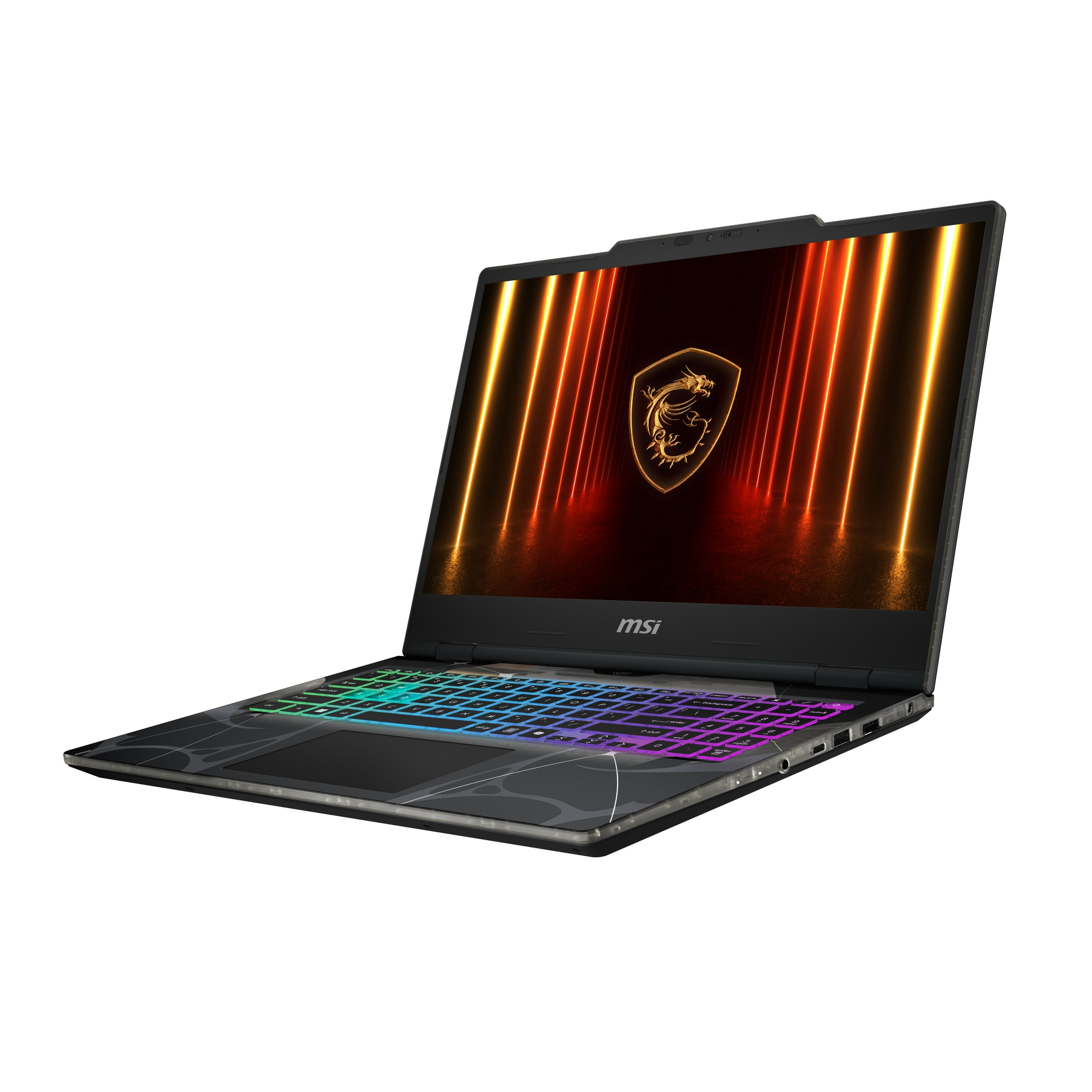 Un laptop MSI nero con tastiera colorata illuminata e logo drago sullo schermo.